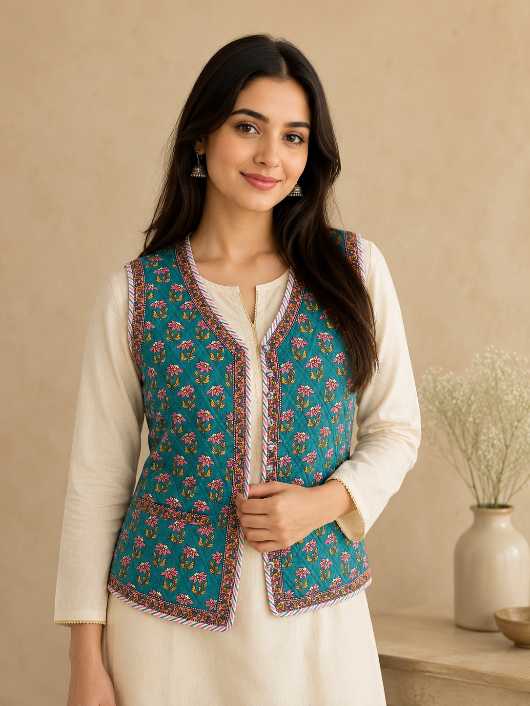 Cotton Hand Block Printed Sleeveless Jacket