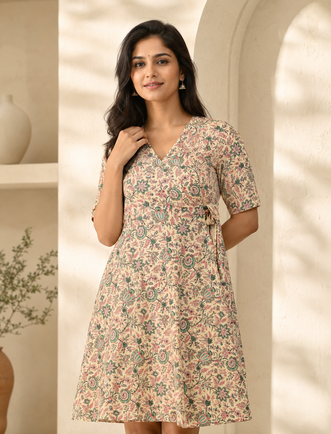 Beige Jaal Cotton Printed Wrap Dress