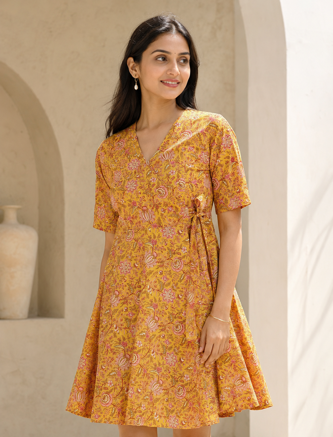 Yellow Jaal Cotton Printed Wrap Dress