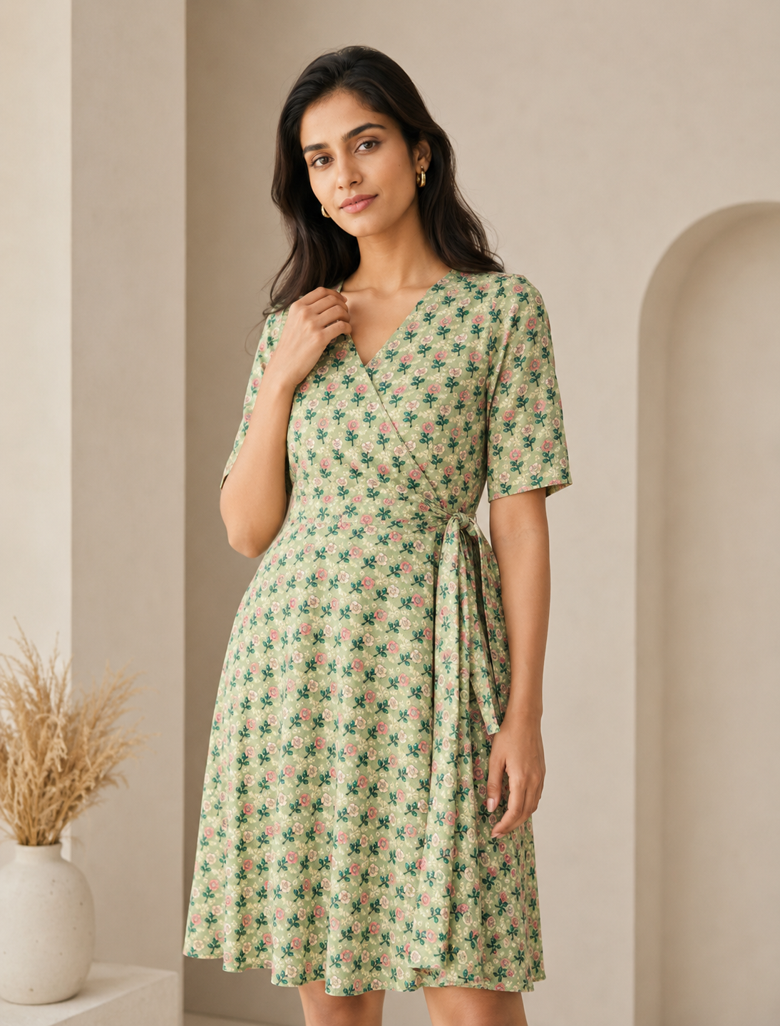 Green Butta Cotton Printed Wrap Dress