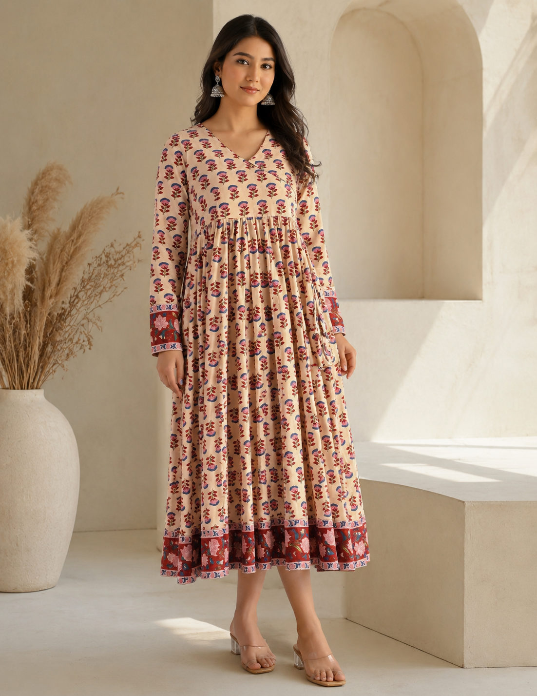 Cream Butta Cotton Printed Angrakha Long Dress With Flare