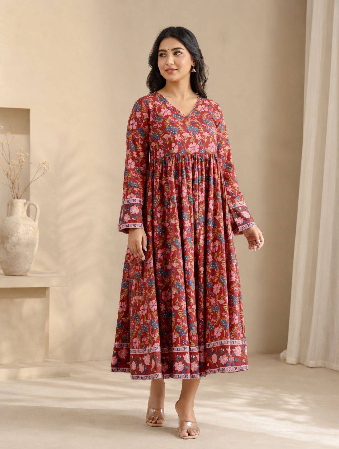 Red Jaal Cotton Printed Angrakha Long Dress With Flare