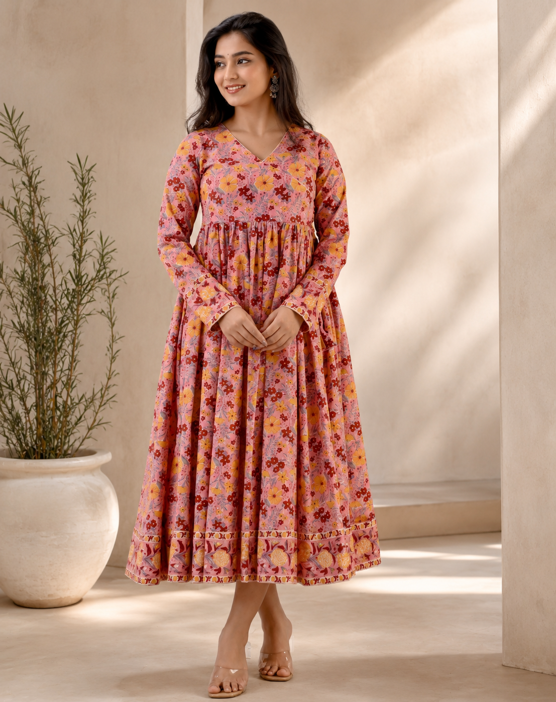 Pink Jaal Cotton Printed Angrakha Long Dress With Flare