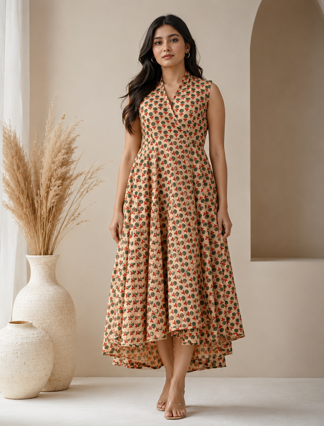 Beige Green Butti Cotton Printed High-Low Dress