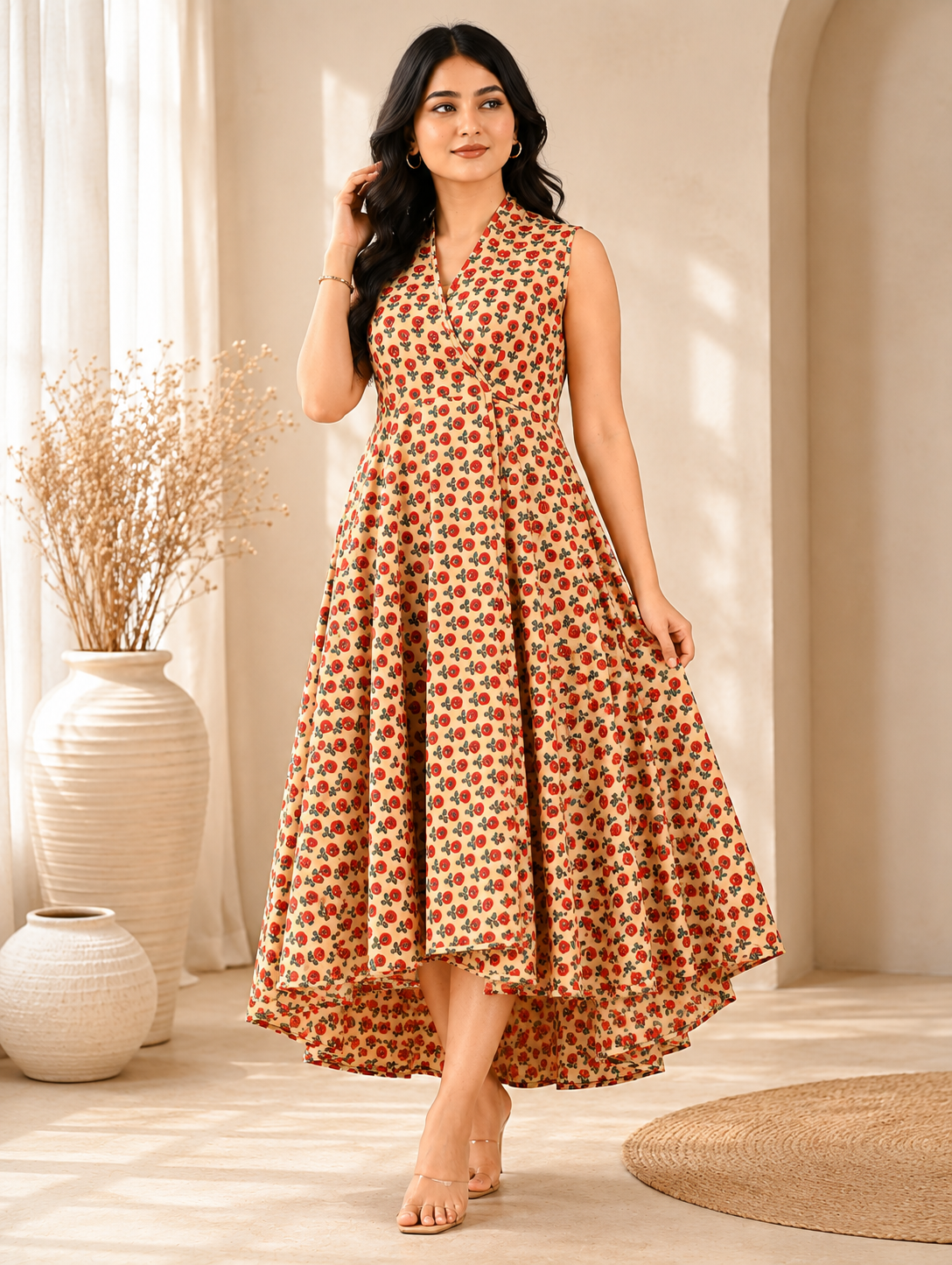 Beige Red Butti Cotton Printed High-Low Dress
