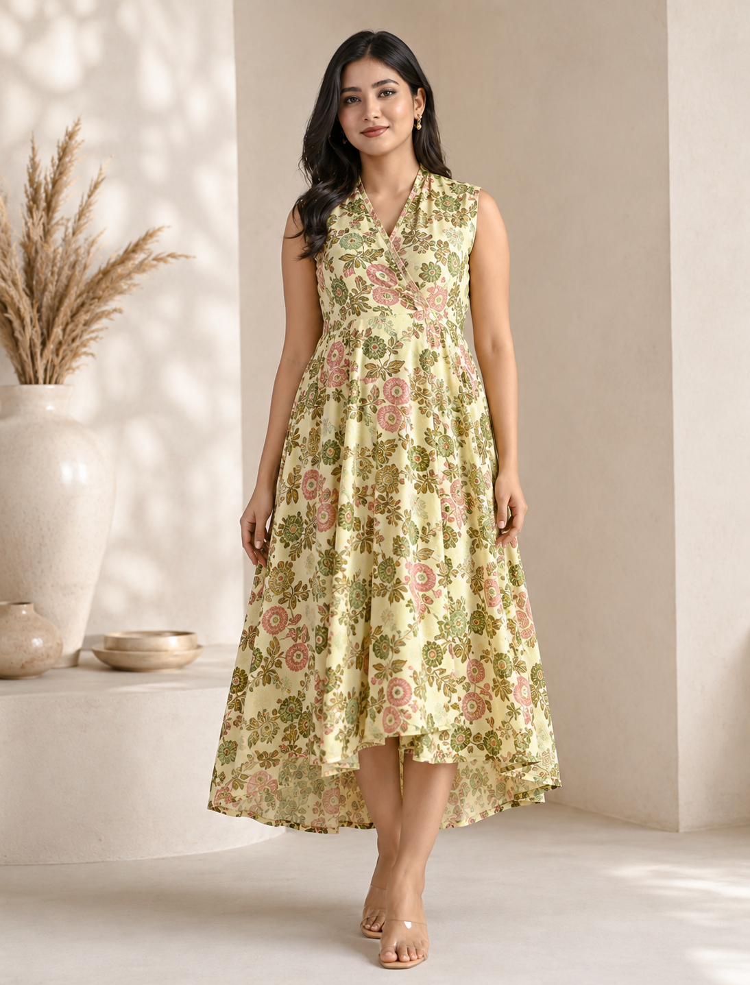 Cream Pink Jaal Cotton Printed High-Low Dress