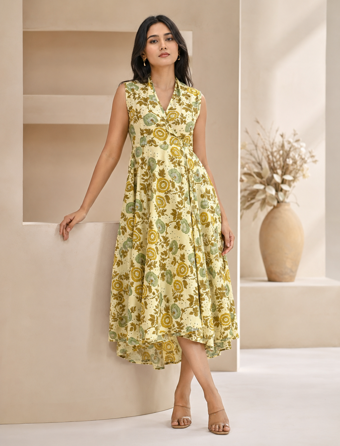 Cream Mustard Jaal Cotton Printed High-Low Dress