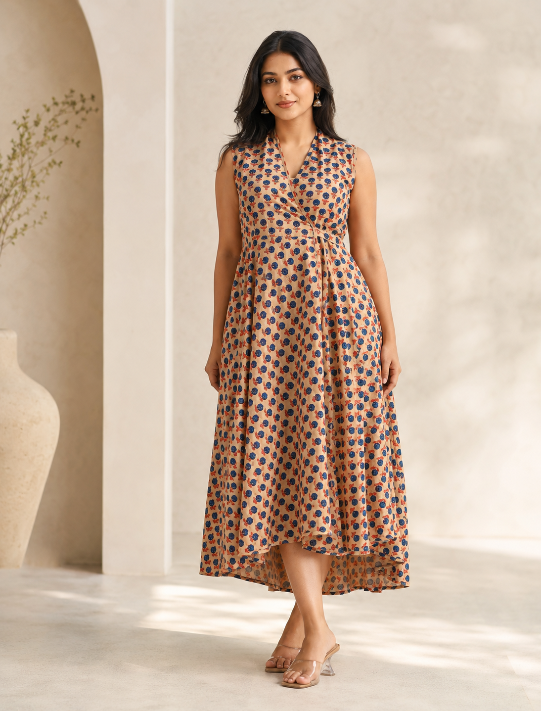 Beige Blue Butti Cotton Printed High-Low Dress