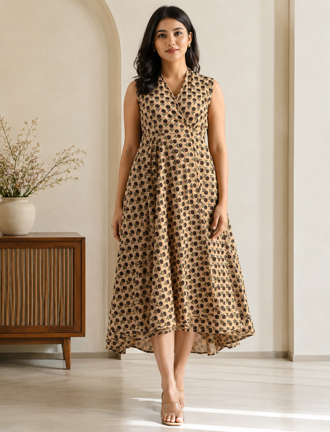 Beige Black Butti Cotton Printed High-Low Dress