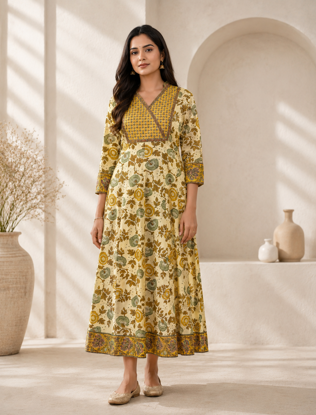 Cream Yellow Cotton Jaal Printed Long Dress