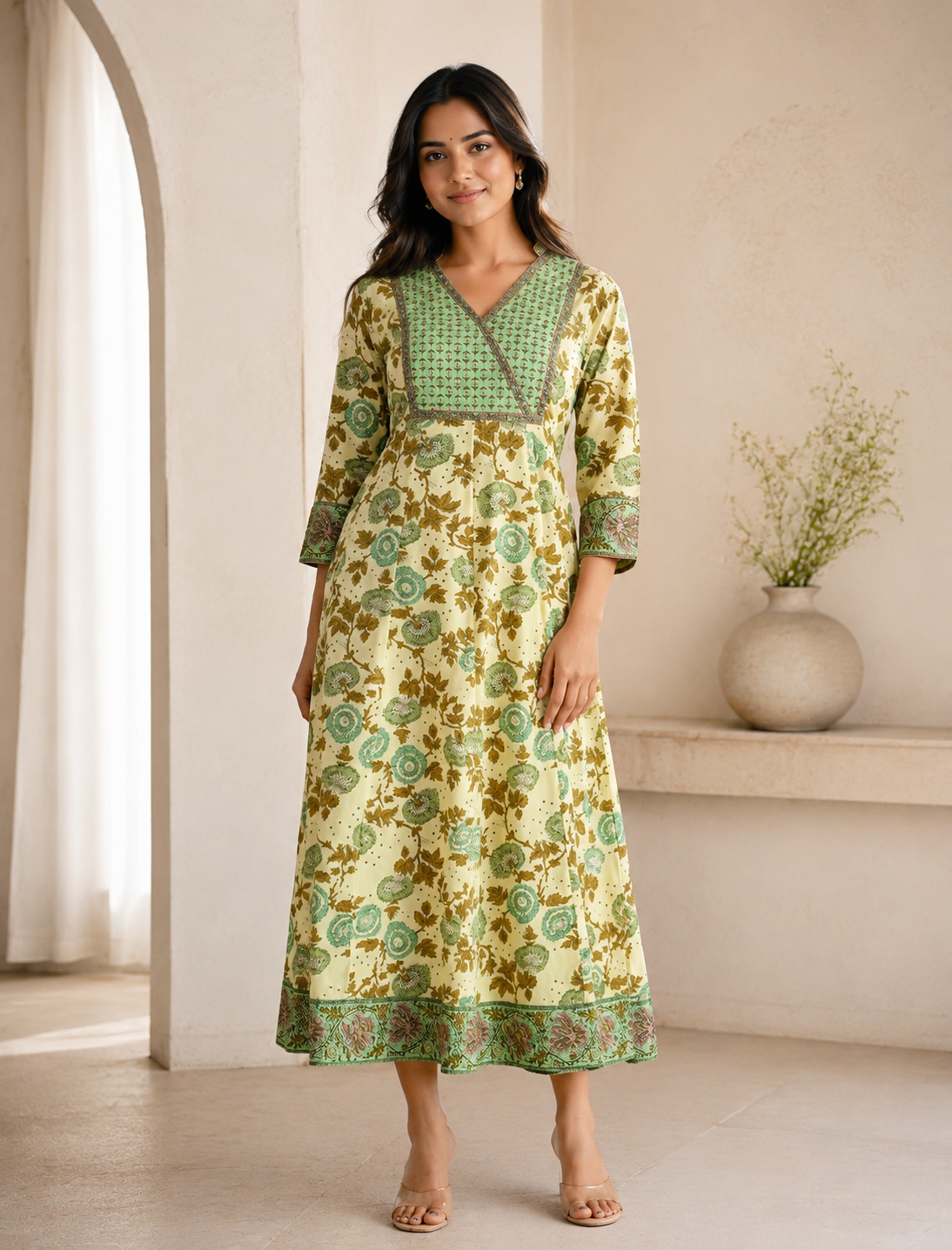 Cream Pista Cotton Jaal Printed Long Dress