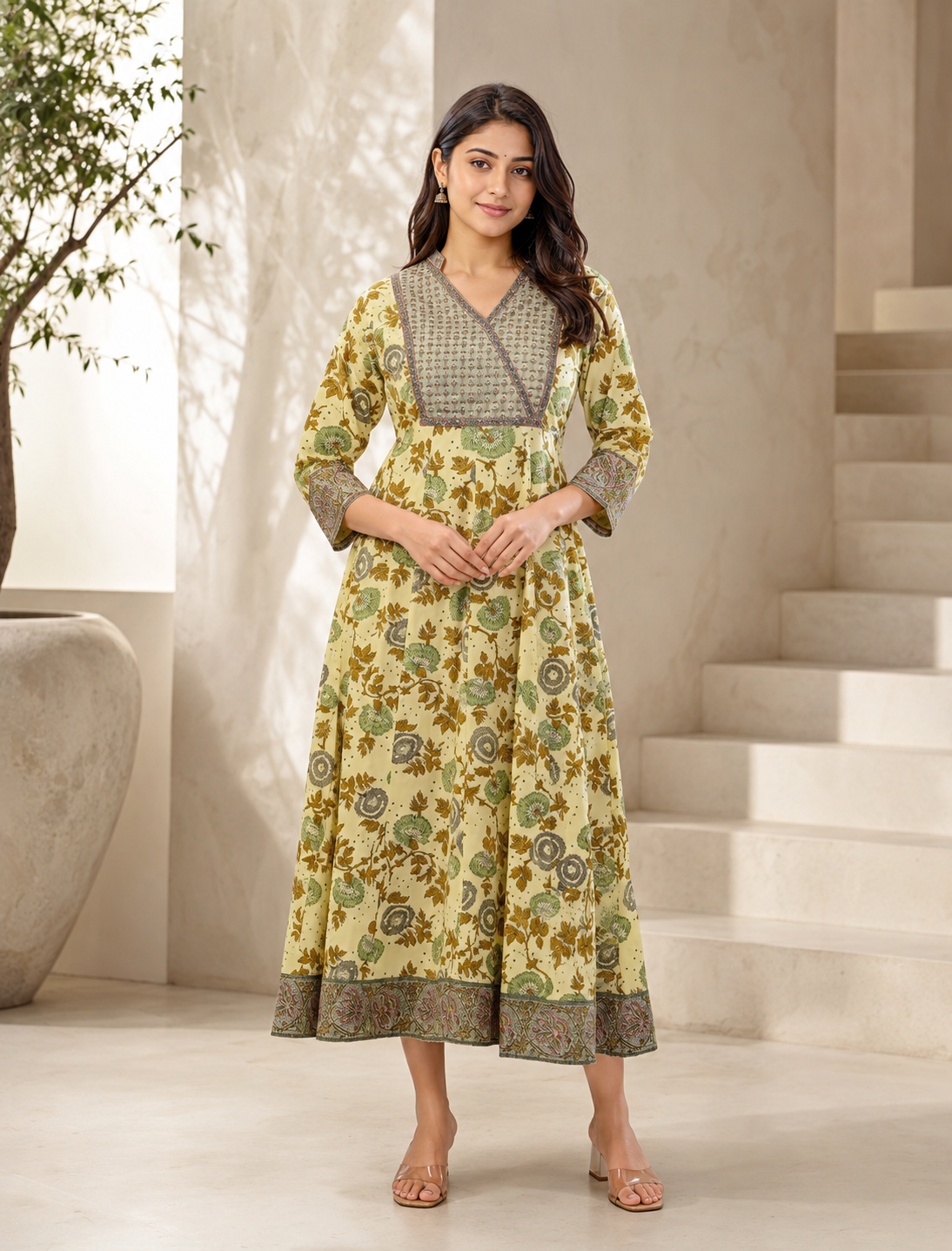 Cream Grey Cotton Jaal Printed Long Dress
