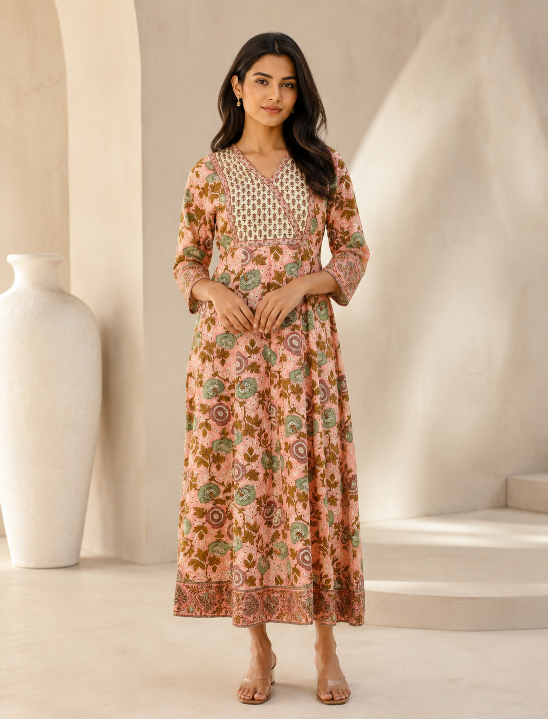 Peach Cream Cotton Jaal Printed Long Dress