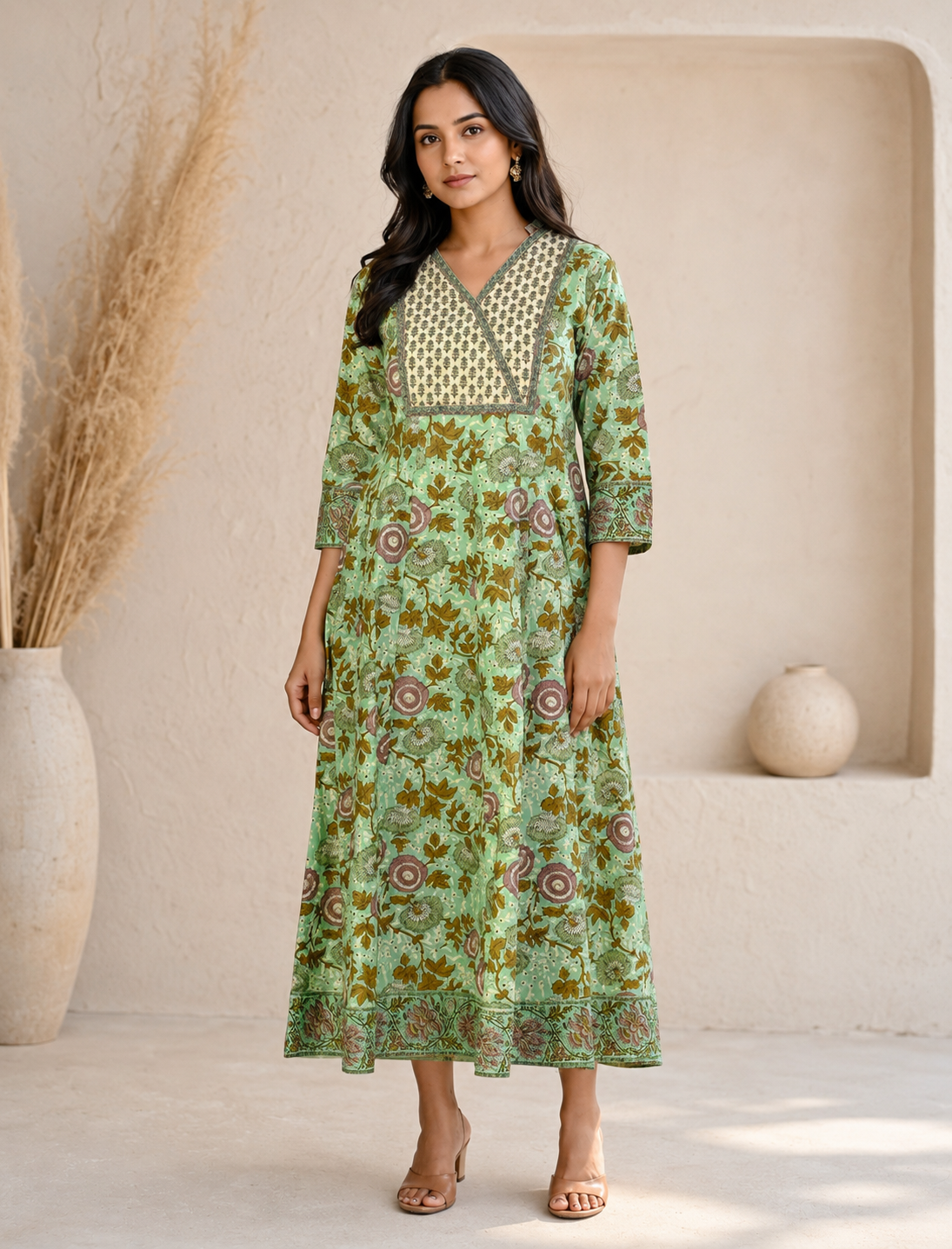 Pista Cream Cotton Jaal Printed Long Dress