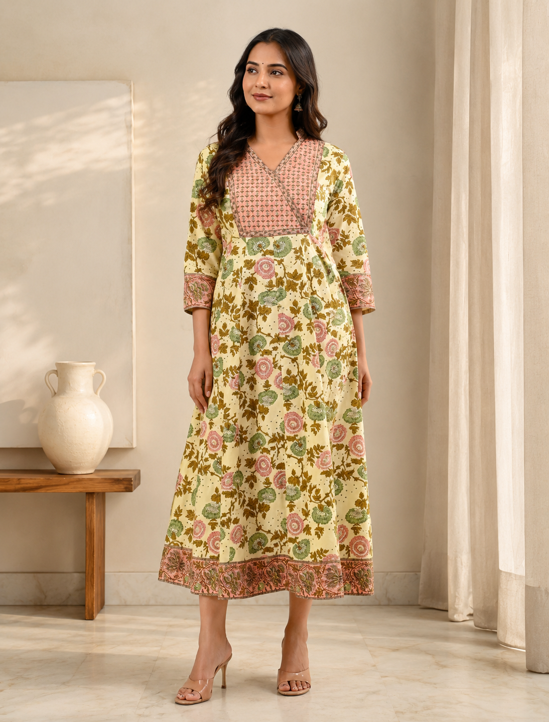 Cream Peach Cotton Jaal Printed Long Dress