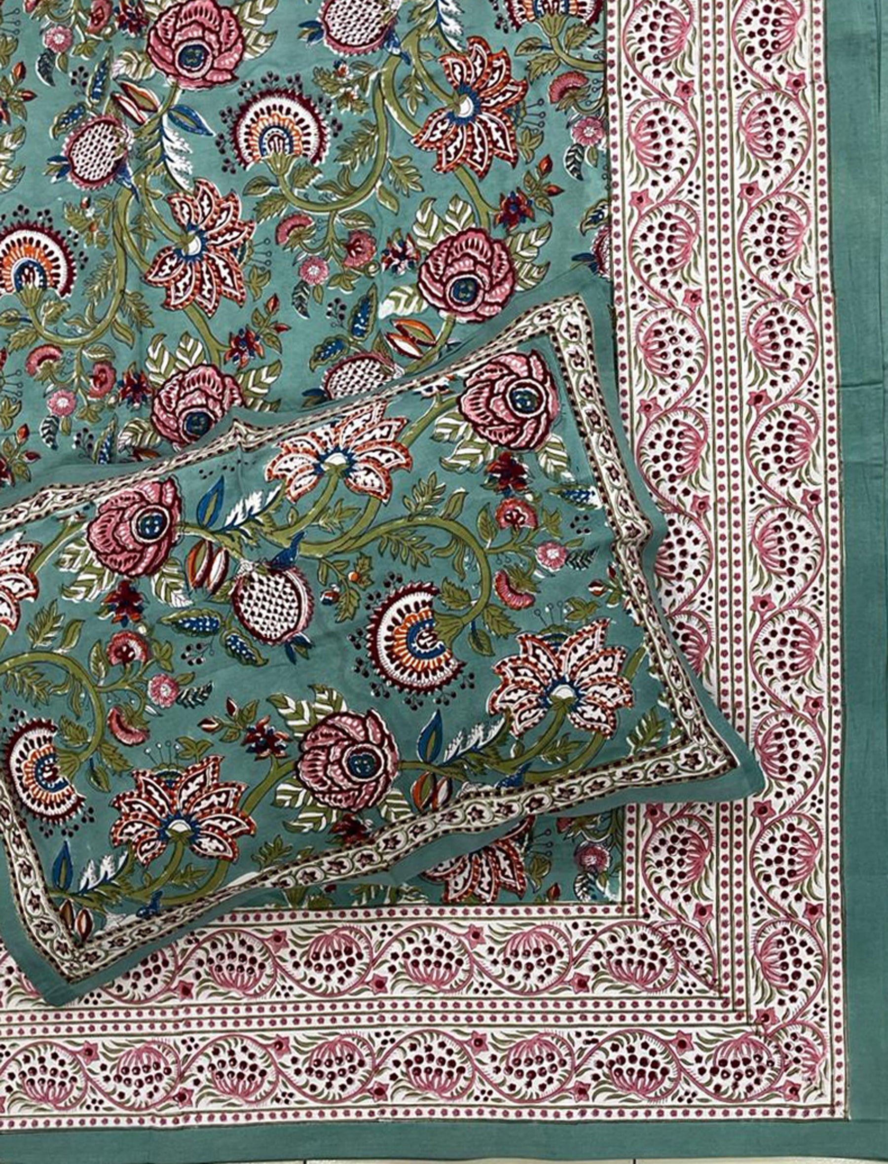 Hand Block Printed Cotton Double Bedsheet With Pillow Cover