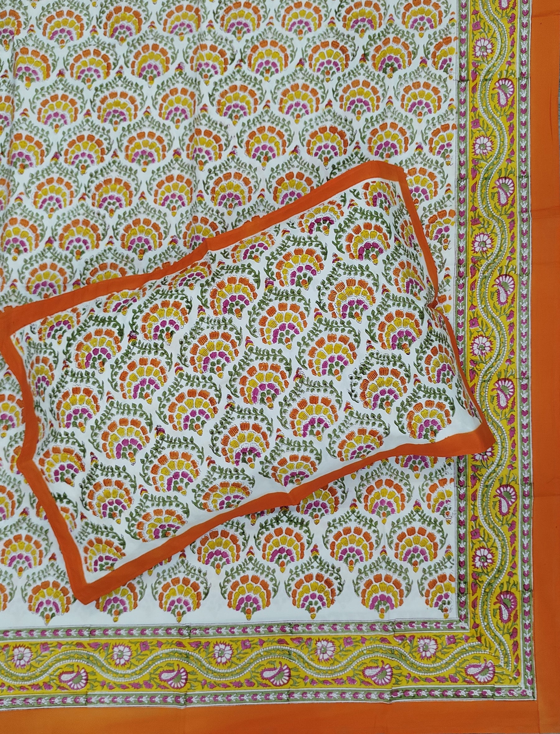 Hand Block Printed Cotton Double Bedsheet With Pillow Covers