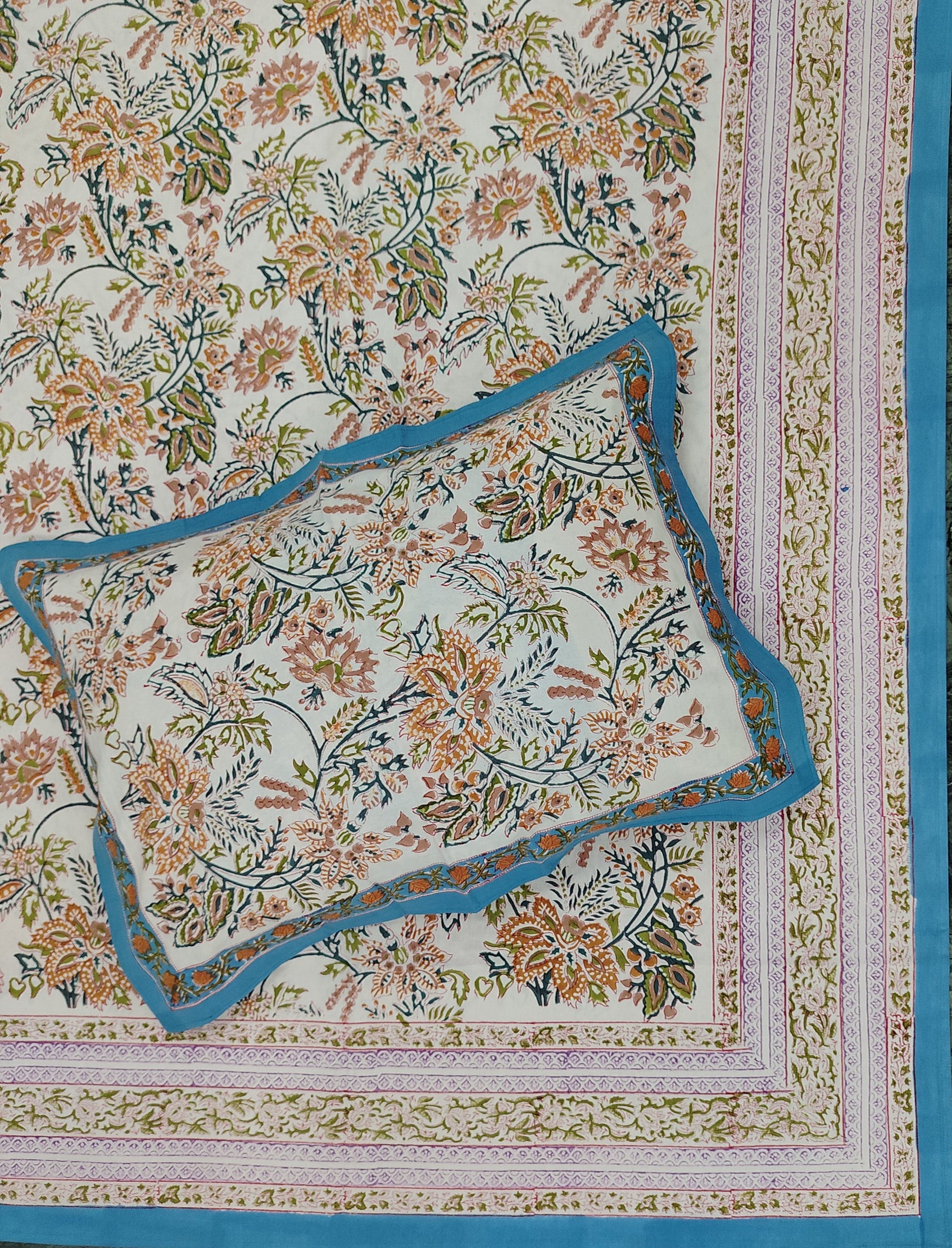 Hand Block Printed Cotton Double Bedsheet With Pillow Covers