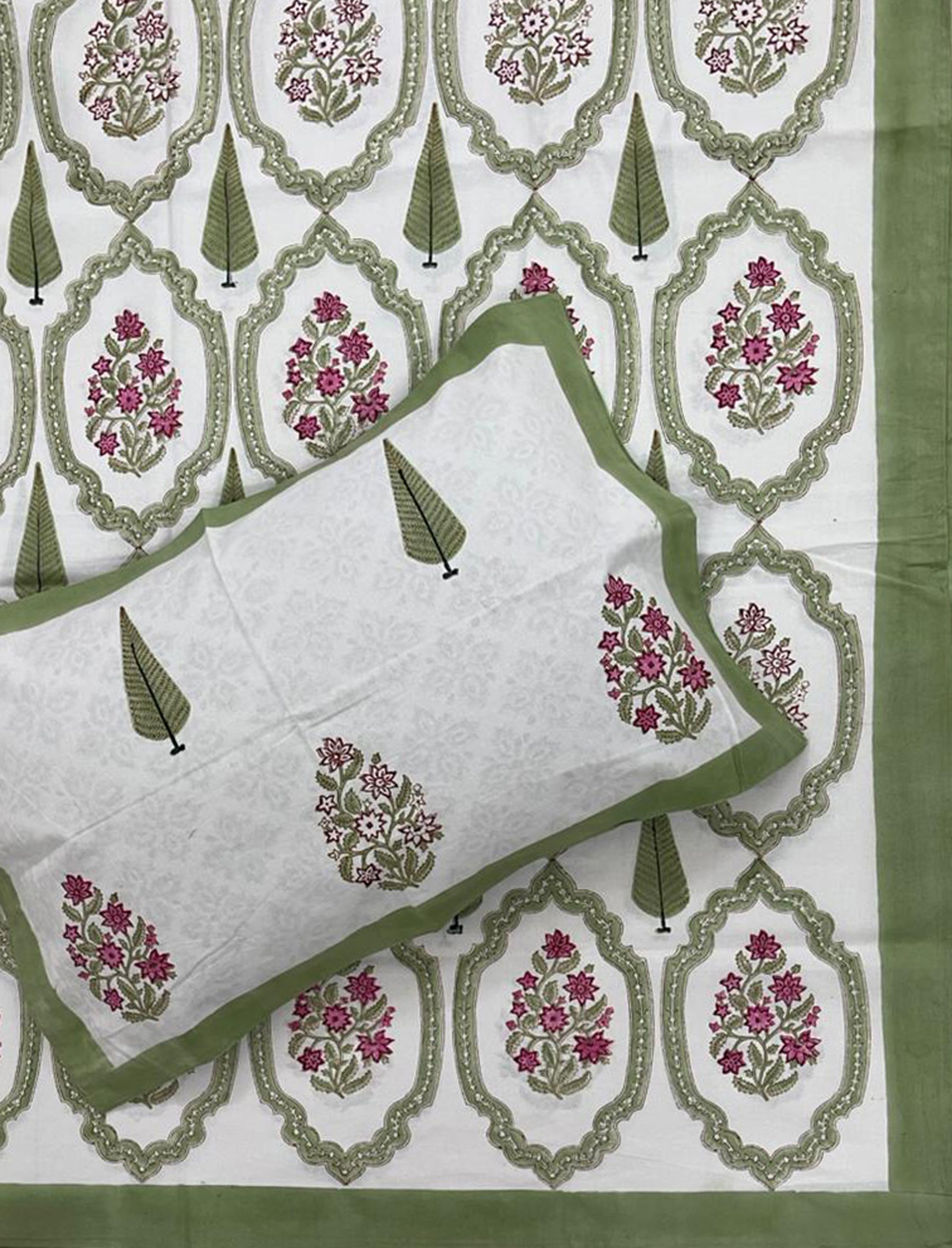 Hand Block Printed Cotton Double Bedsheet With Pillow Cover