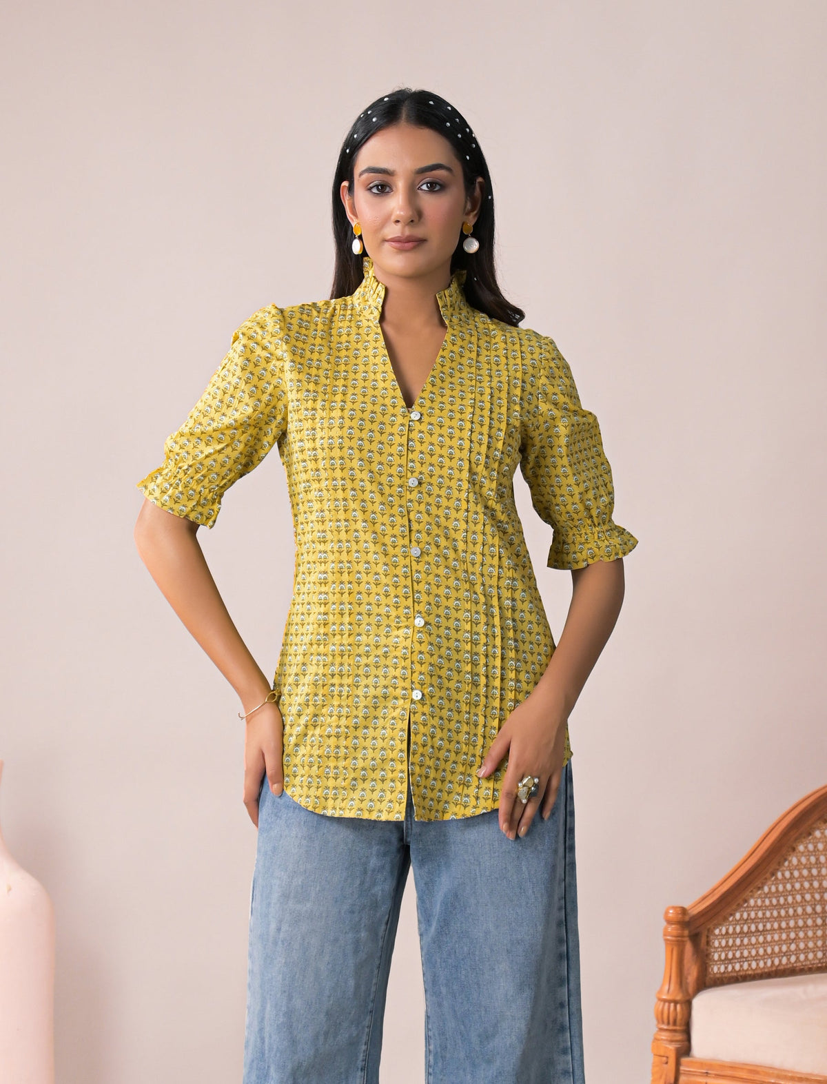 Yellow Butti Cotton Pintux Style Short Top