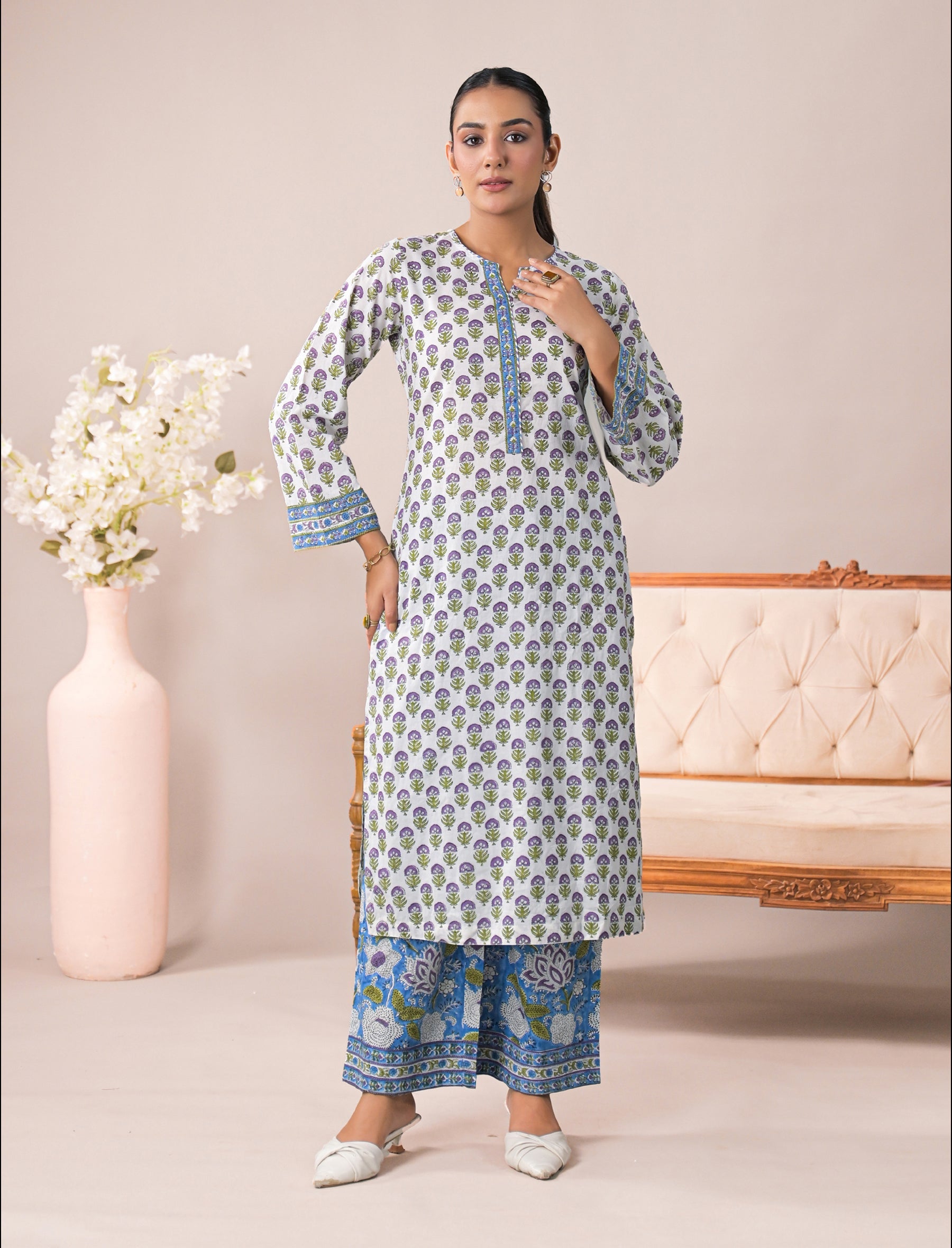 White Block Printed Cotton Kurta Pant Set