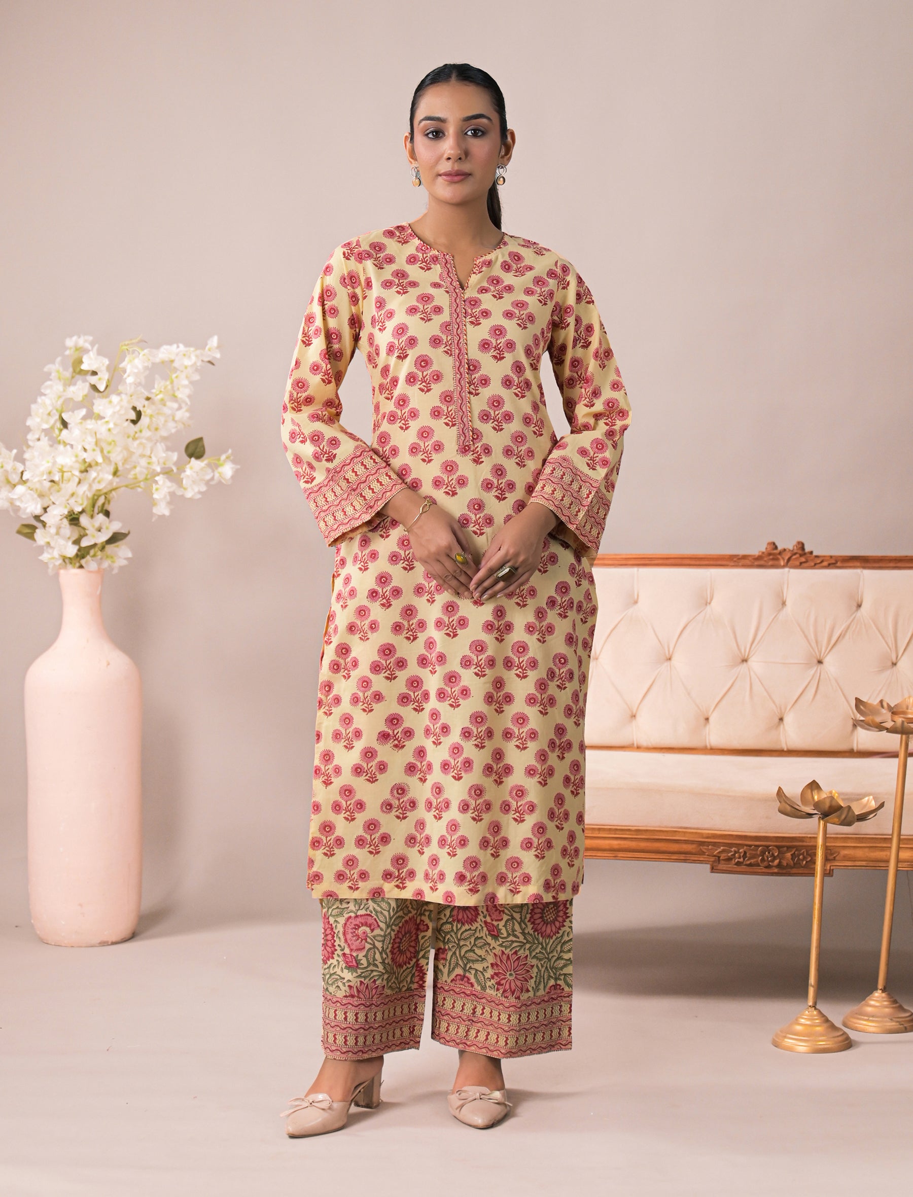 Cream Block Printed Cotton Kurta Pant Set