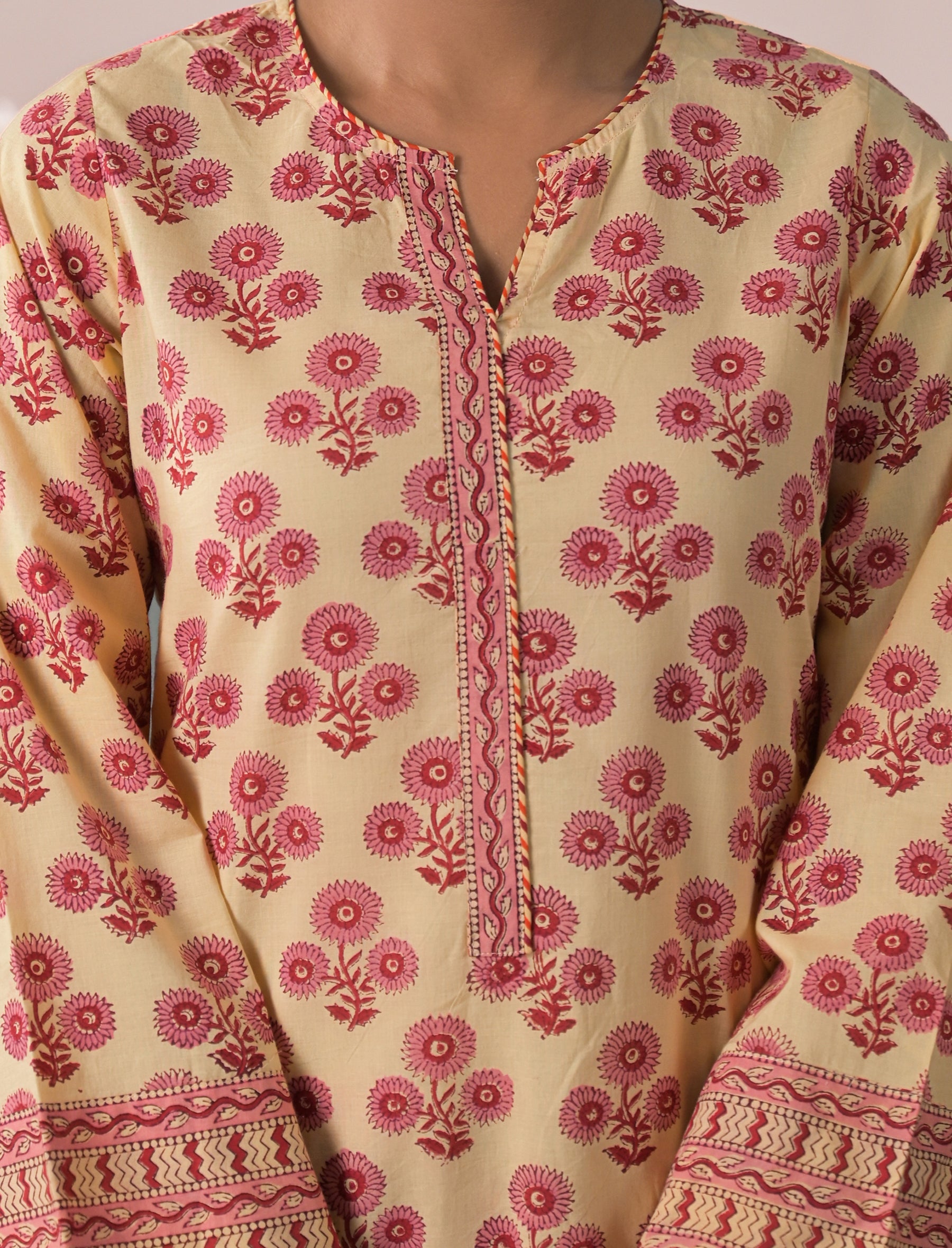 Cream Block Printed Cotton Kurta Pant Set