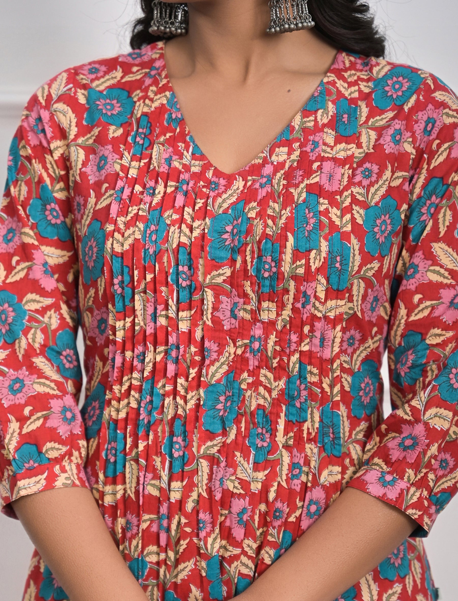 Red Jaal Block Printed Cotton Kurta Pant Set