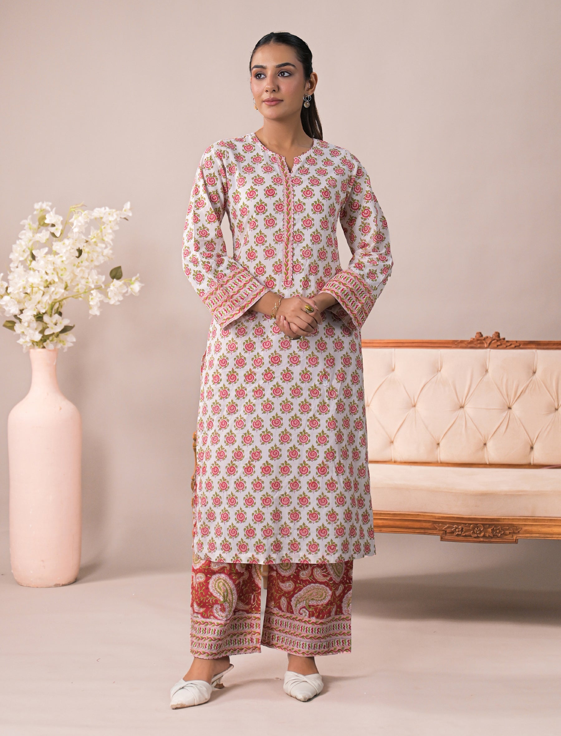 White Block Printed Cotton Kurta Pant Set