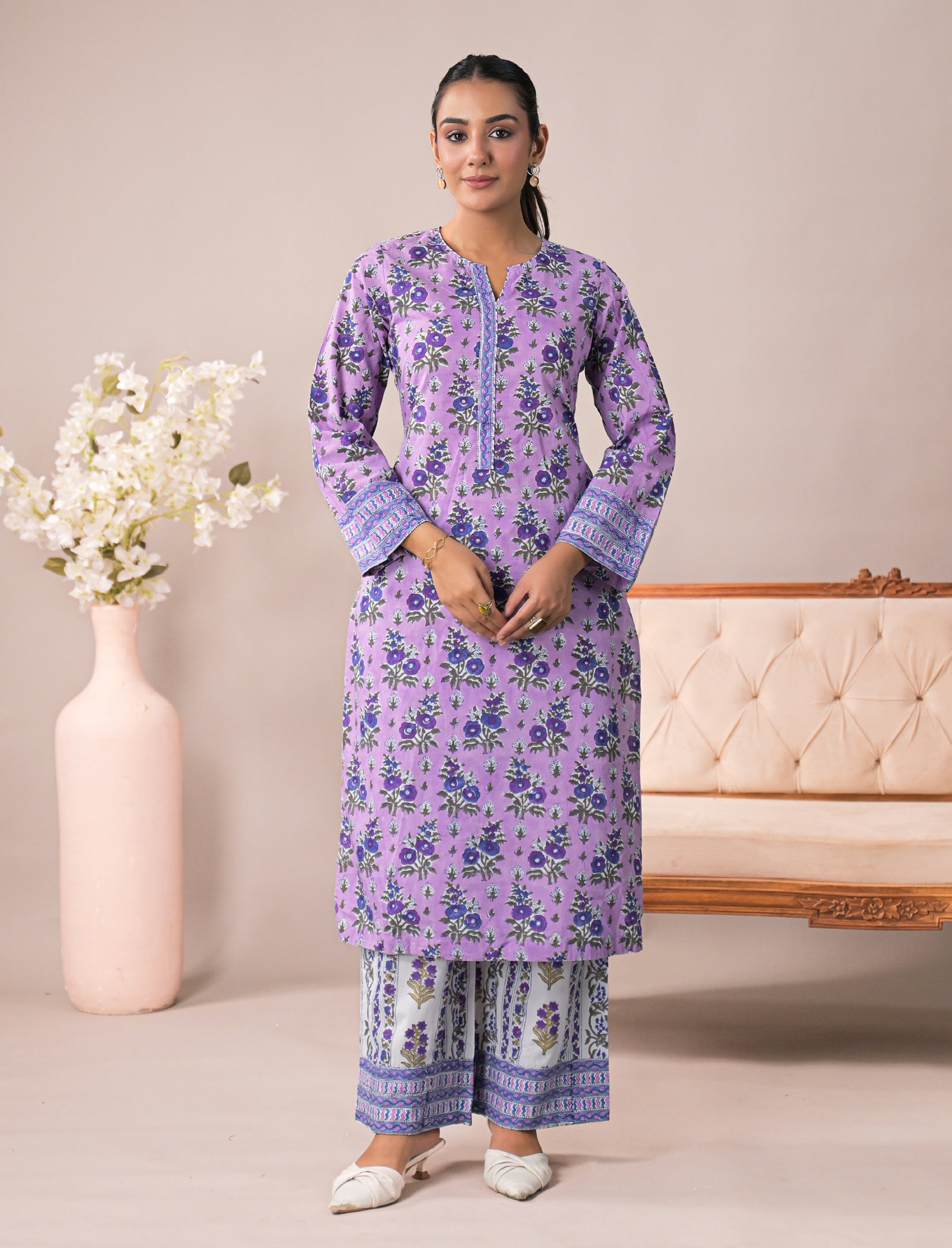 Purple Block Printed Cotton Kurta Pant Set