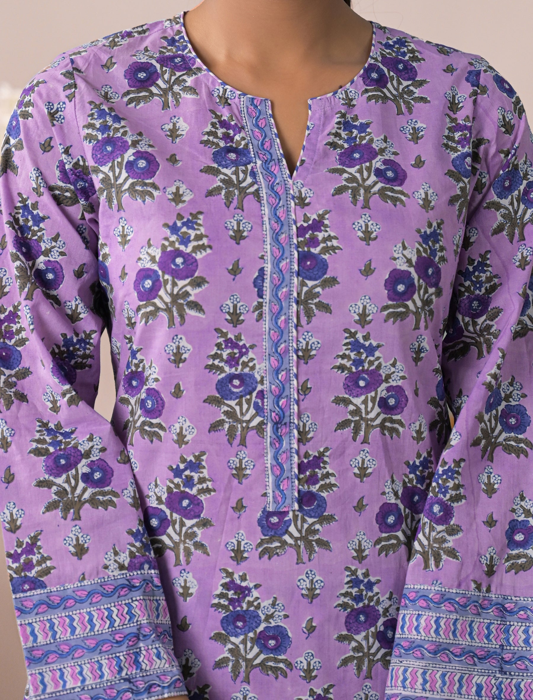 Purple Block Printed Cotton Kurta Pant Set