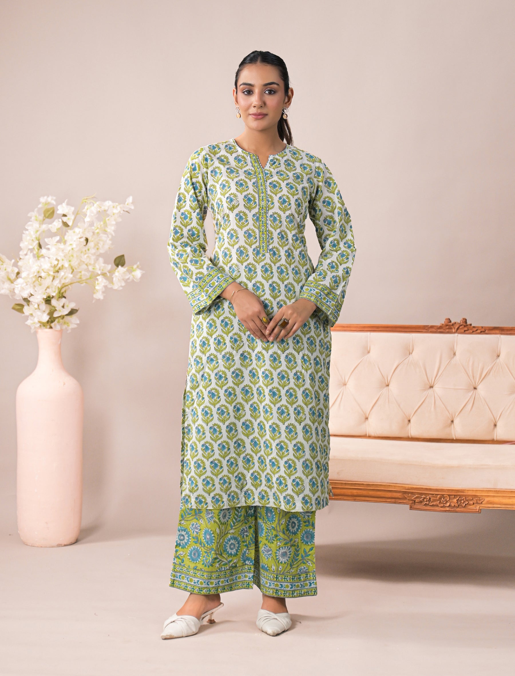 White Green Block Printed Cotton Kurta Pant Set