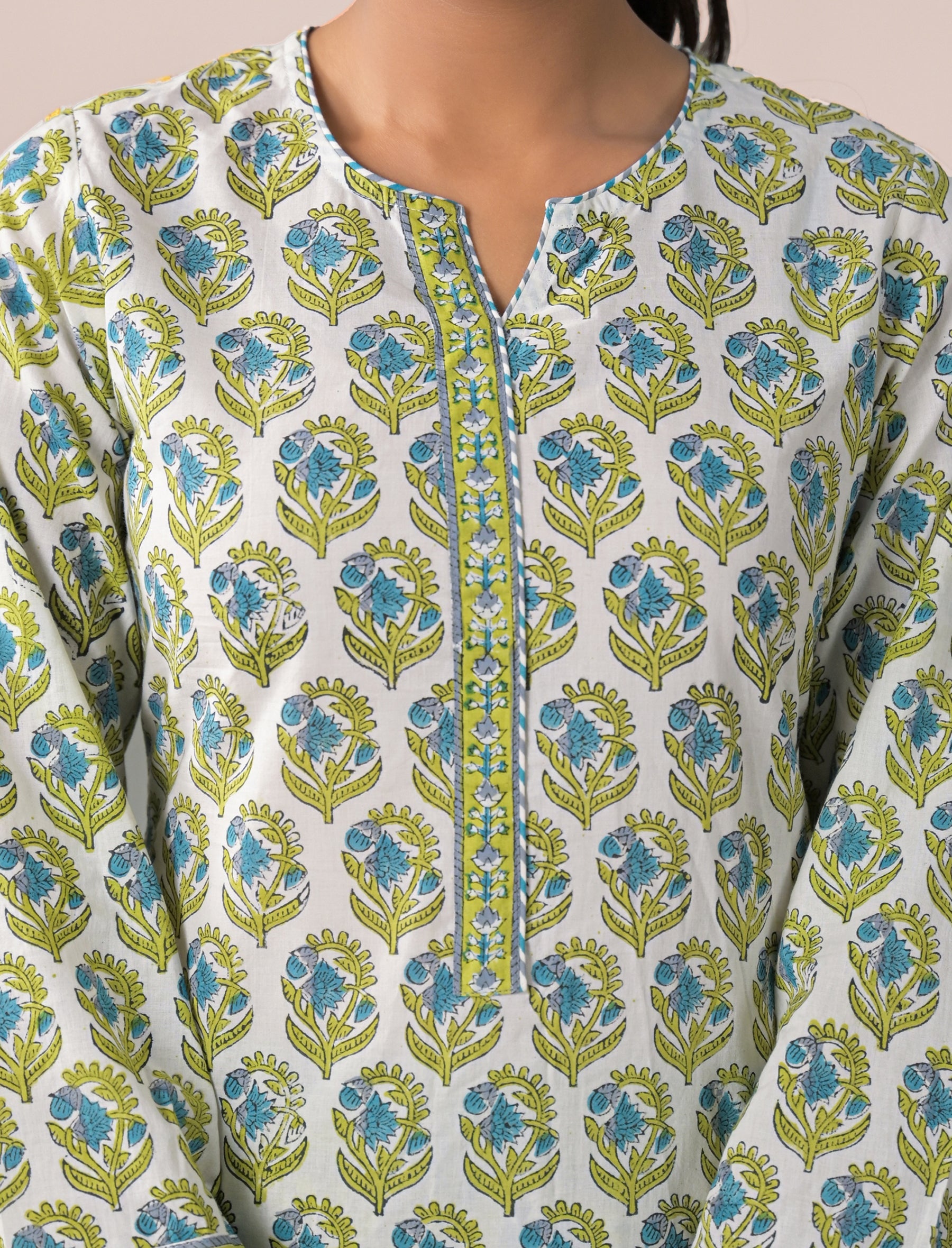 White Green Block Printed Cotton Kurta Pant Set