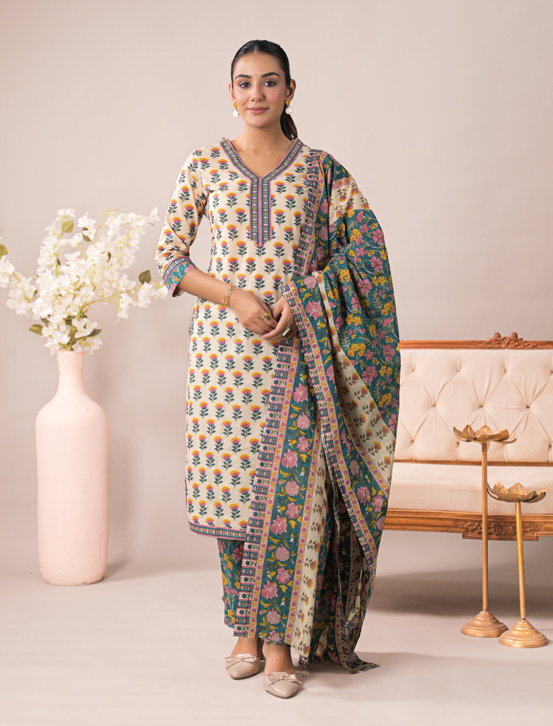 Block Printed Cotton Kurta Pant Set With Mulmul Dupatta