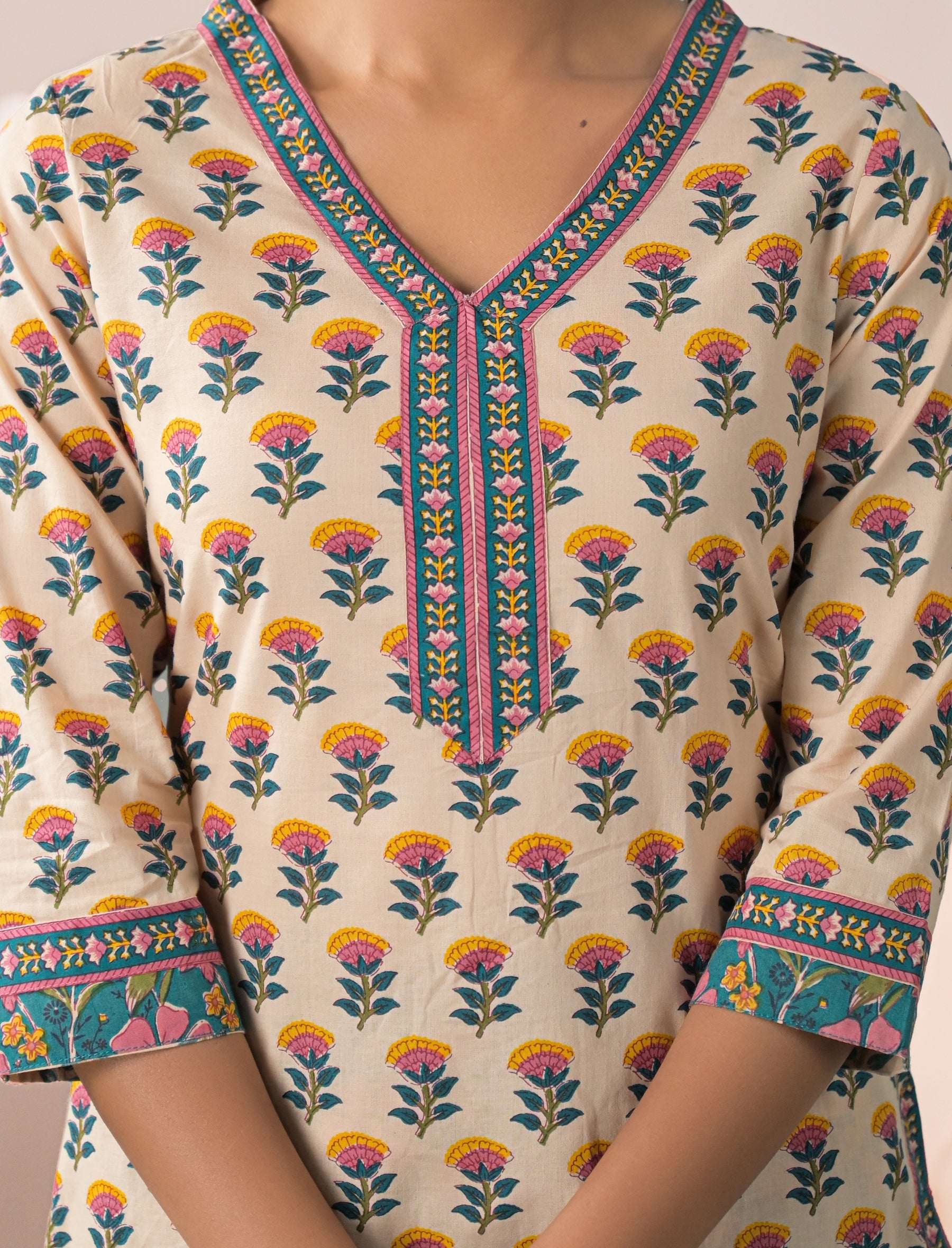 Block Printed Cotton Kurta Pant Set With Mulmul Dupatta