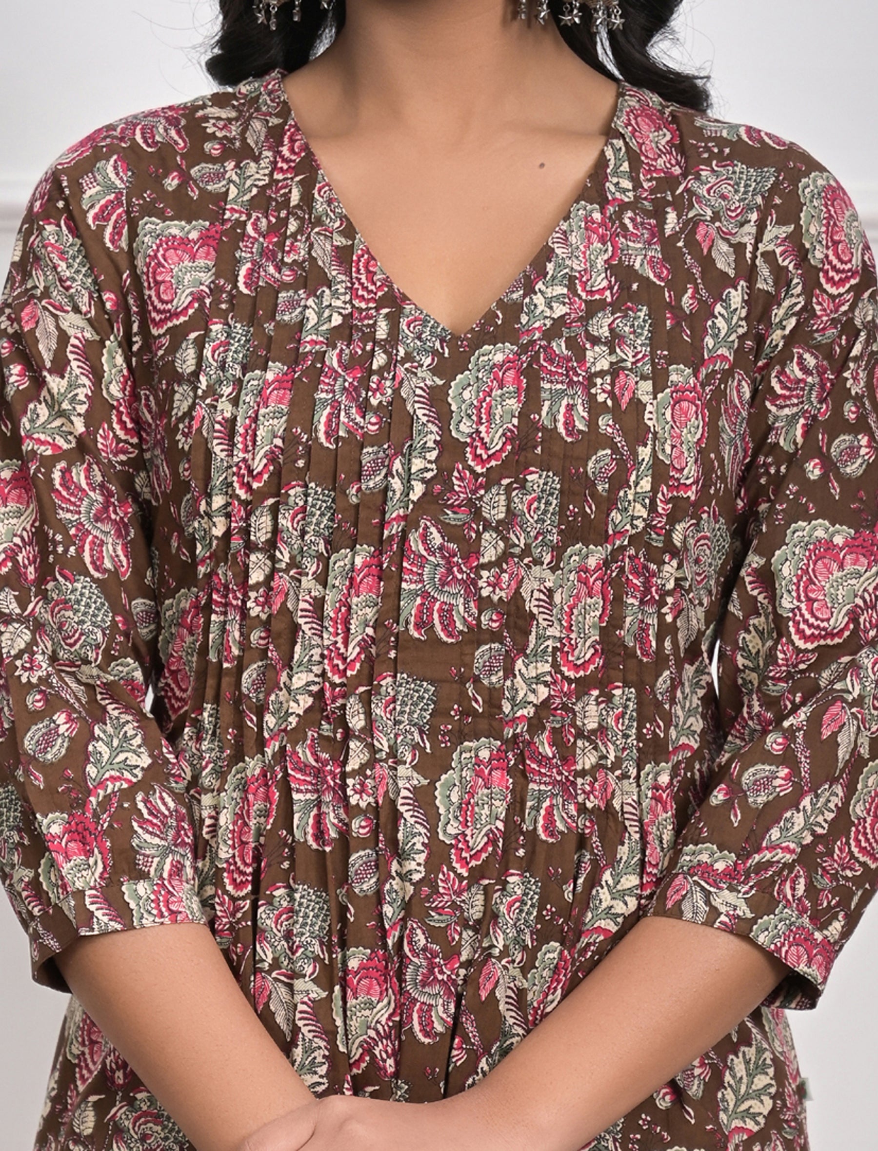 Brown Jaal Floral Block Printed Cotton Kurta Pant Set