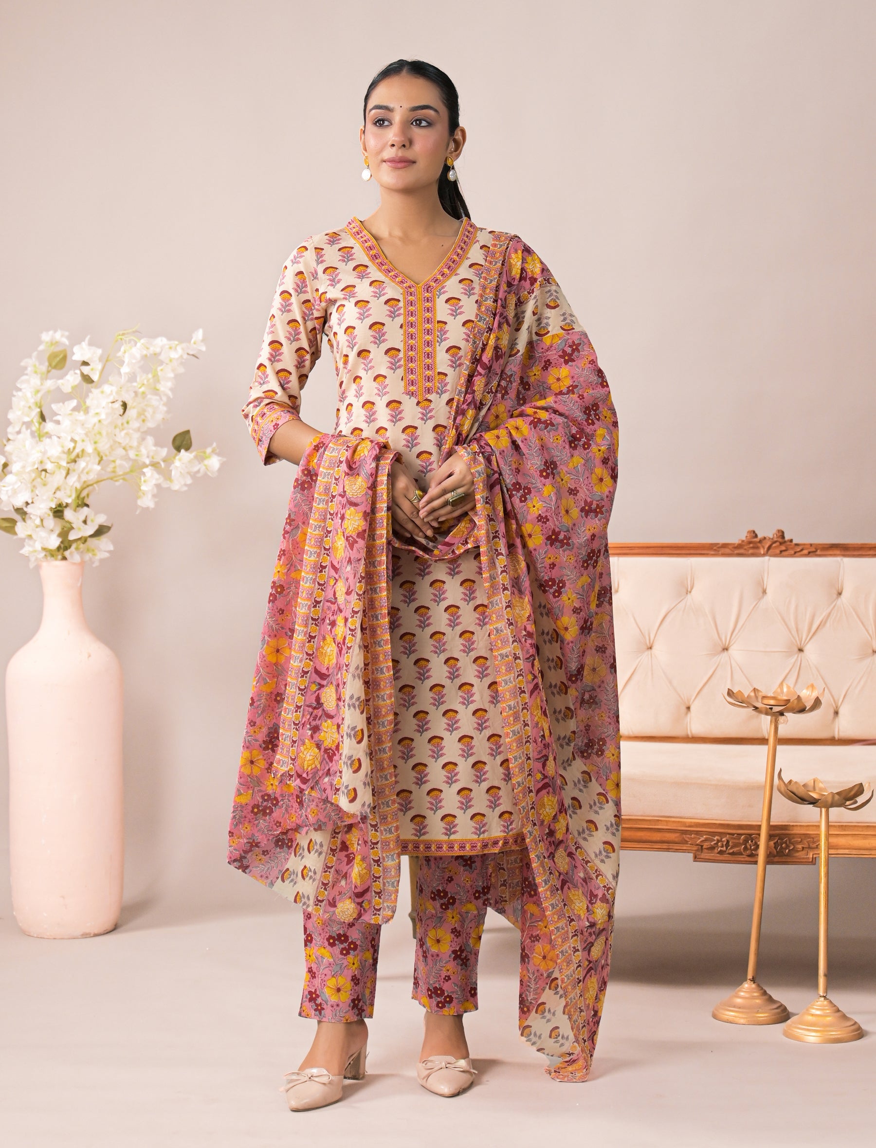 Block Printed Cotton Kurta Pant Set With Mulmul Dupatta