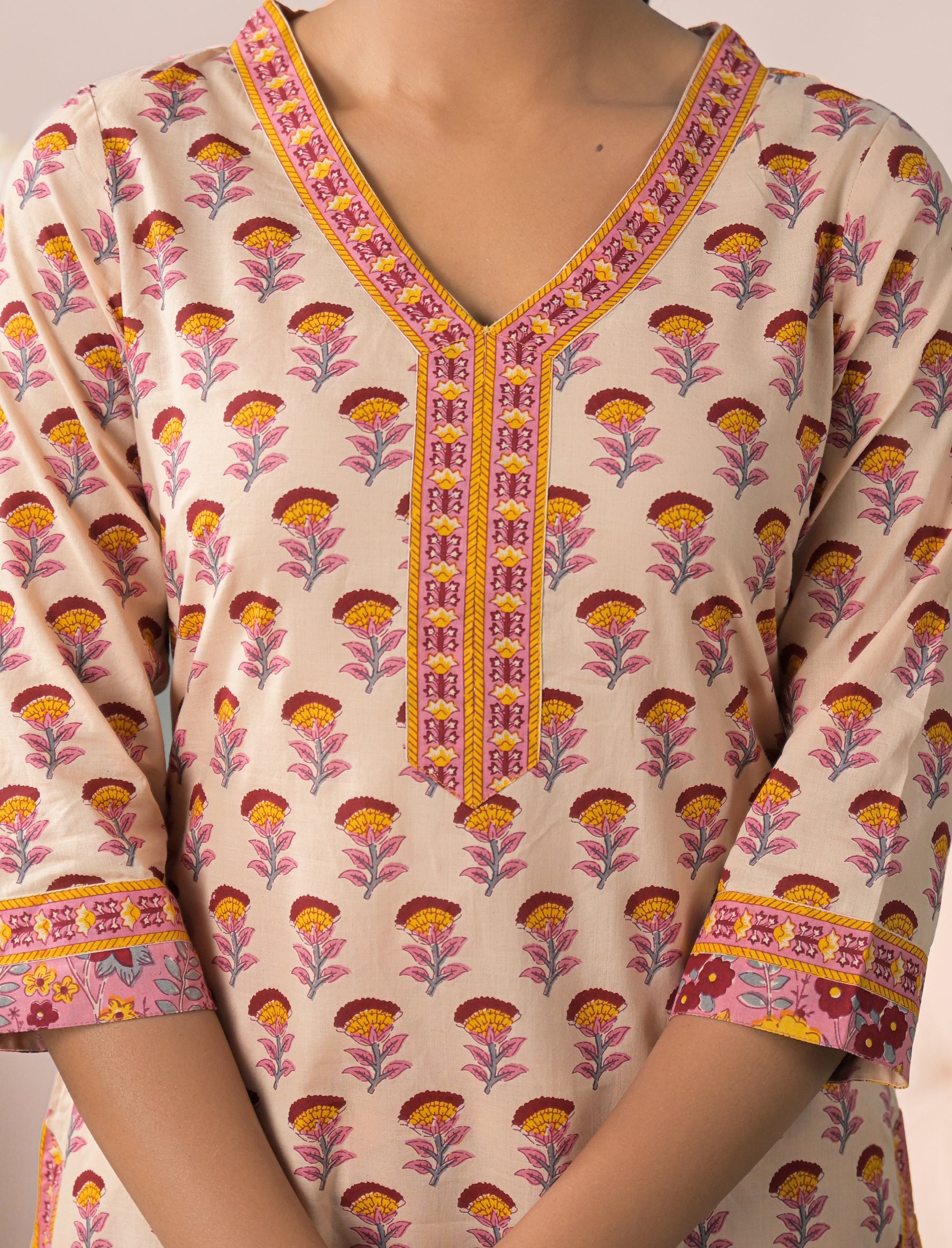 Block Printed Cotton Kurta Pant Set With Mulmul Dupatta