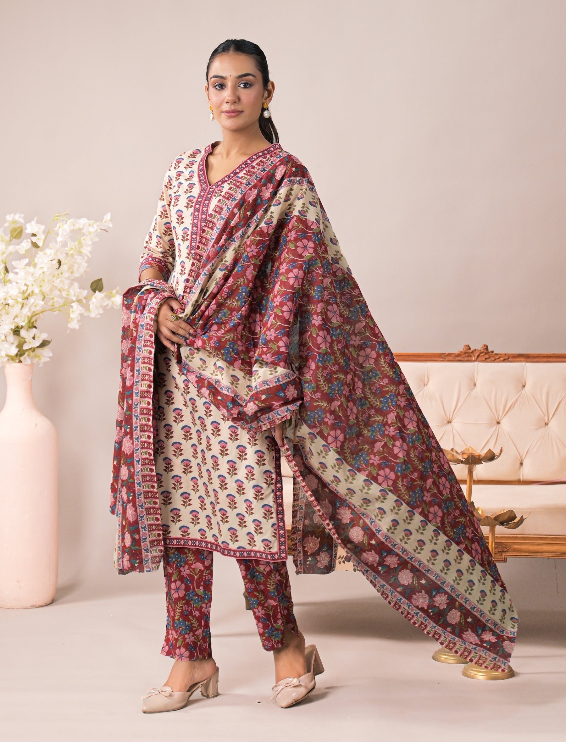 Block Printed Cotton Kurta Pant Set With Mulmul Dupatta