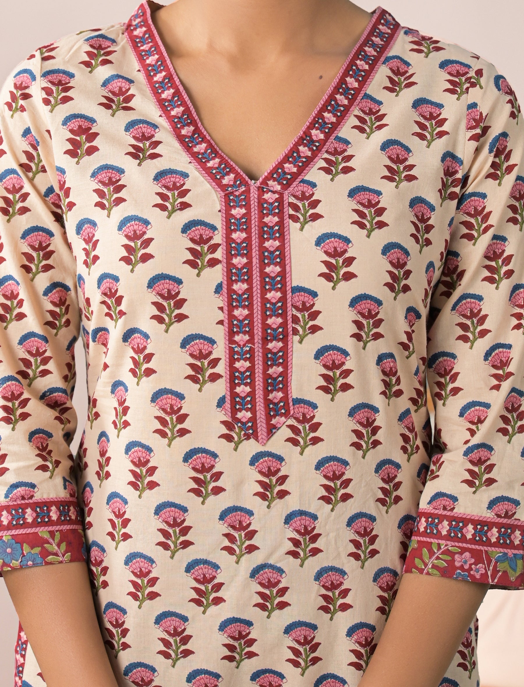 Block Printed Cotton Kurta Pant Set With Mulmul Dupatta