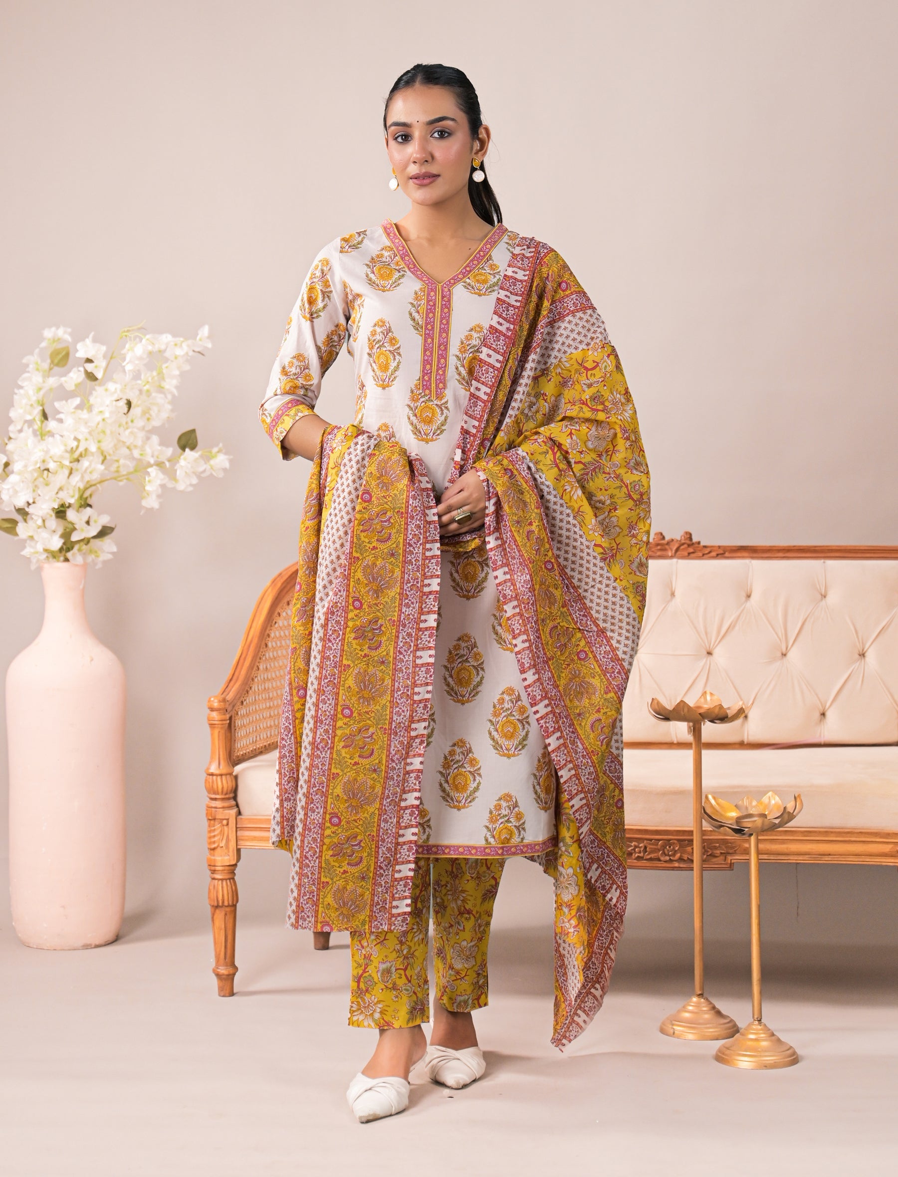 Block Printed Cotton Kurta Pant Set With Mulmul Dupatta