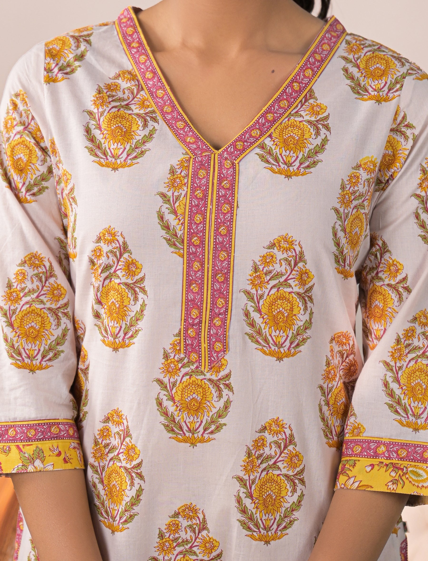Block Printed Cotton Kurta Pant Set With Mulmul Dupatta