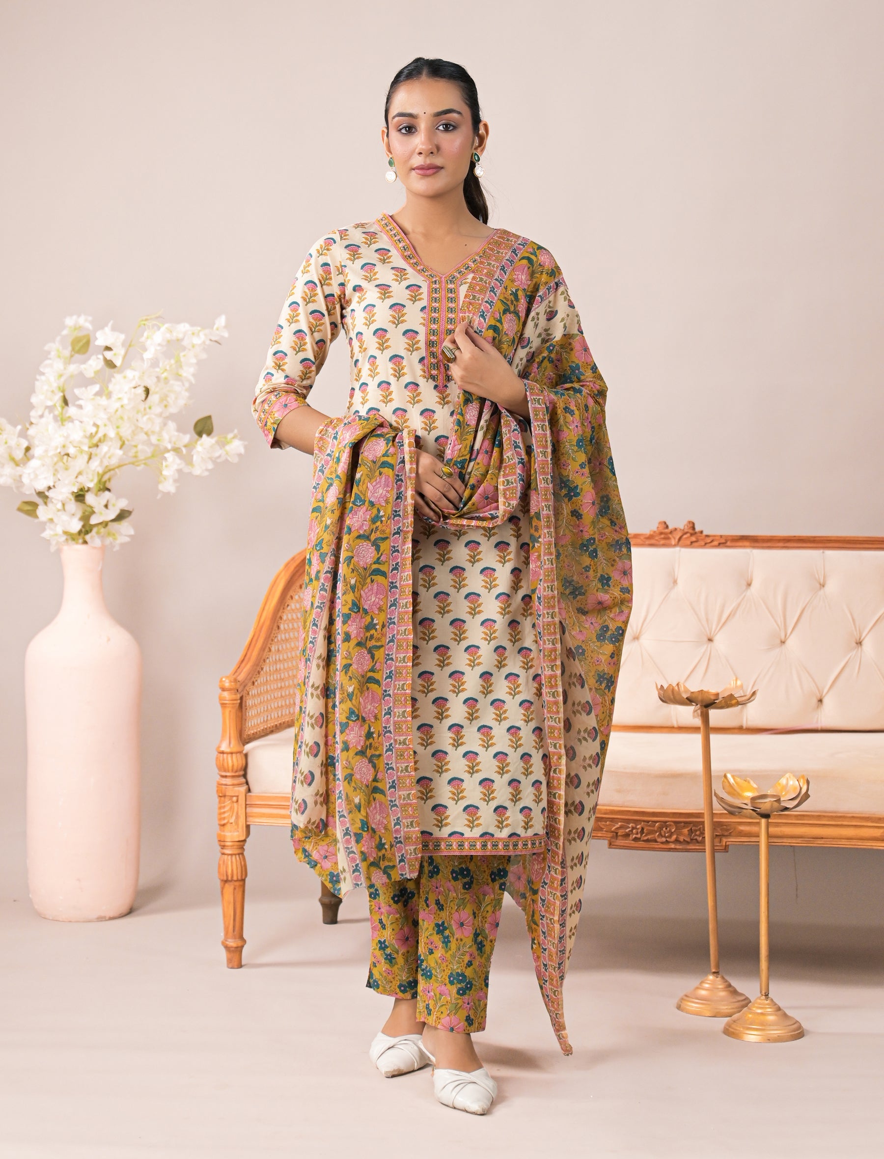 Block Printed Cotton Kurta Pant Set With Mulmul Dupatta