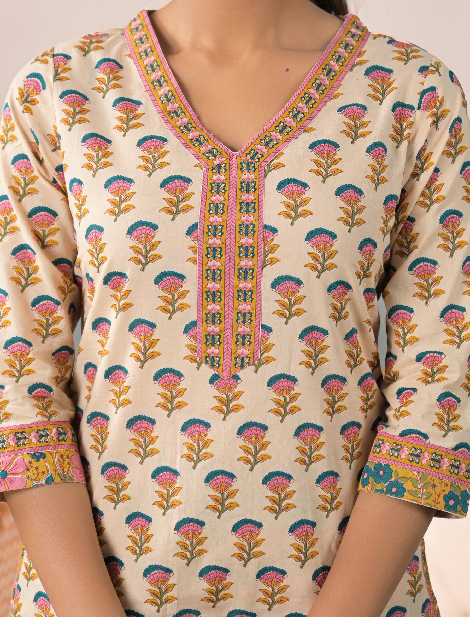 Block Printed Cotton Kurta Pant Set With Mulmul Dupatta