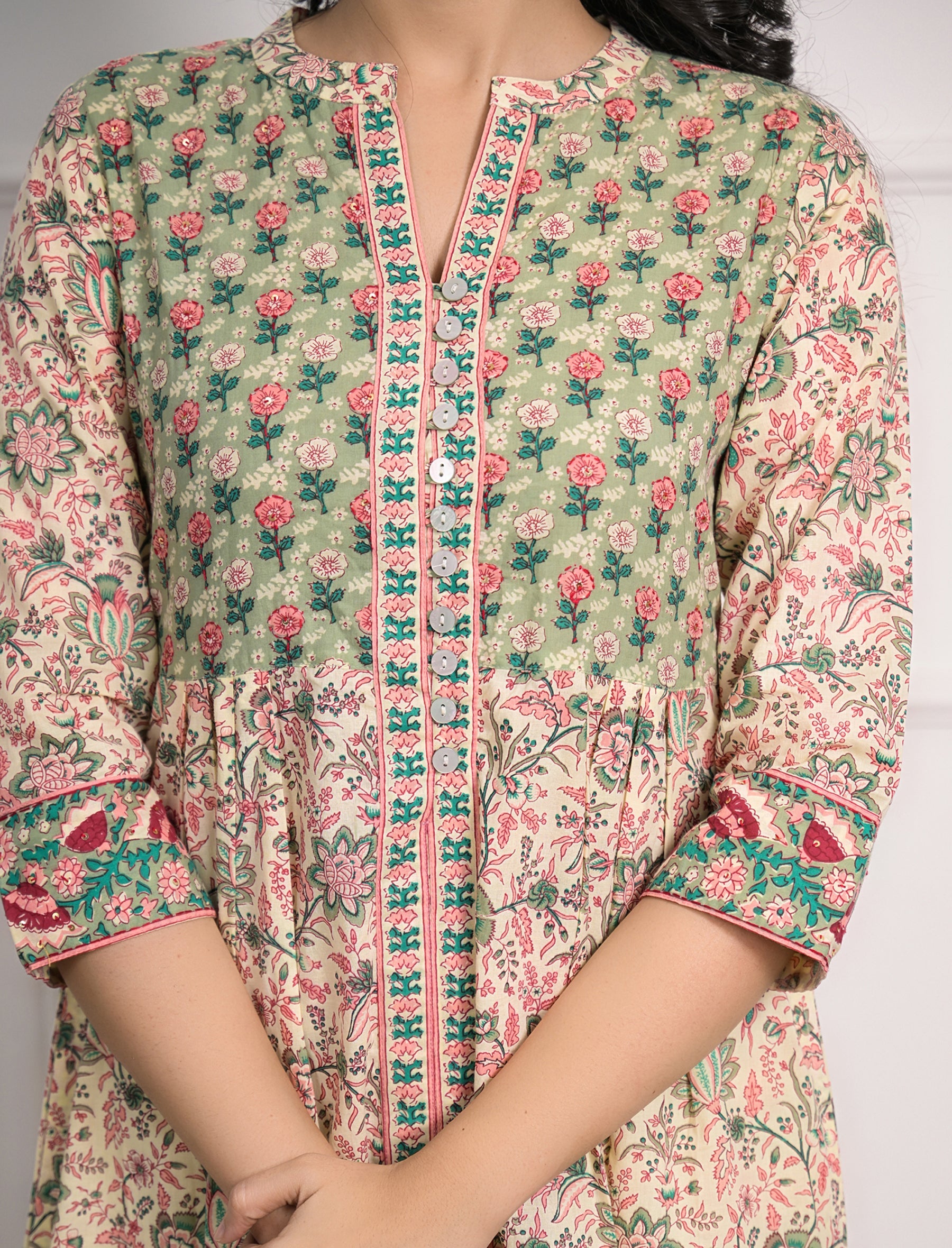 Green Cream Block Printed Aline Long Cotton Dress