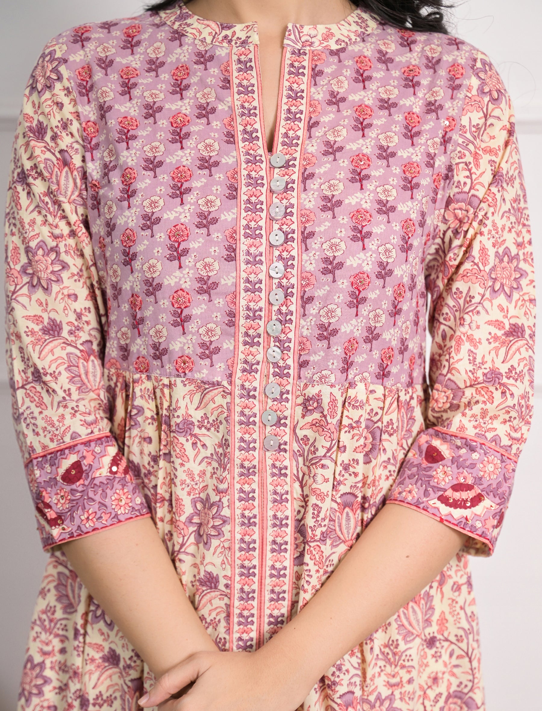 Purple Cream Block Printed Aline Long Cotton Dress