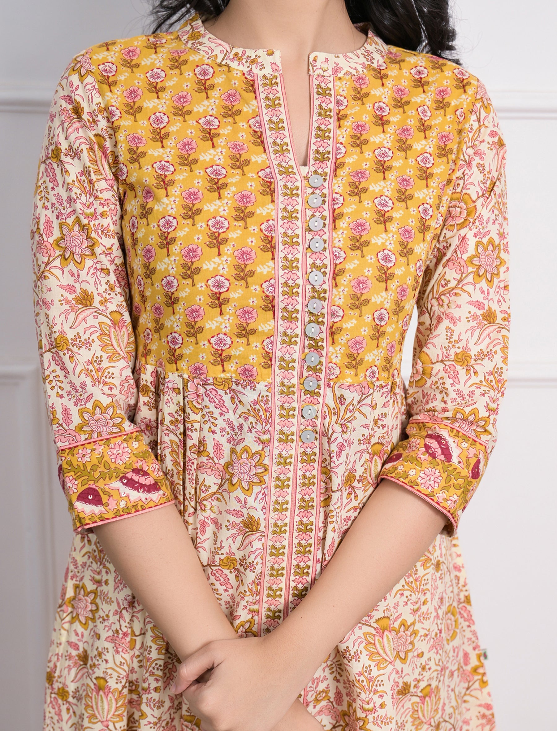 Yellow Cream Block Printed Aline Long Cotton Dress