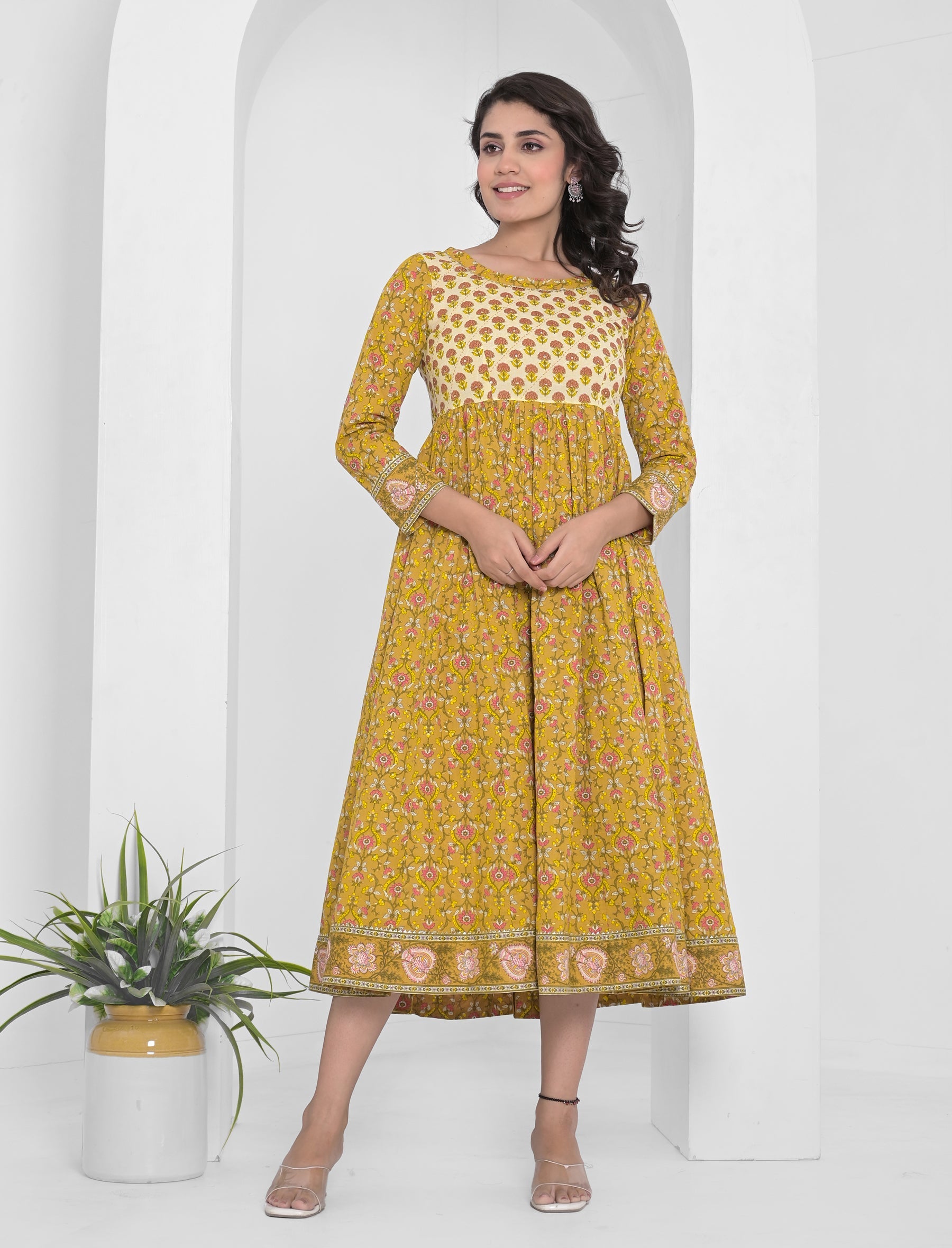Mustard Block Printed Long Cotton Anarkali Dress