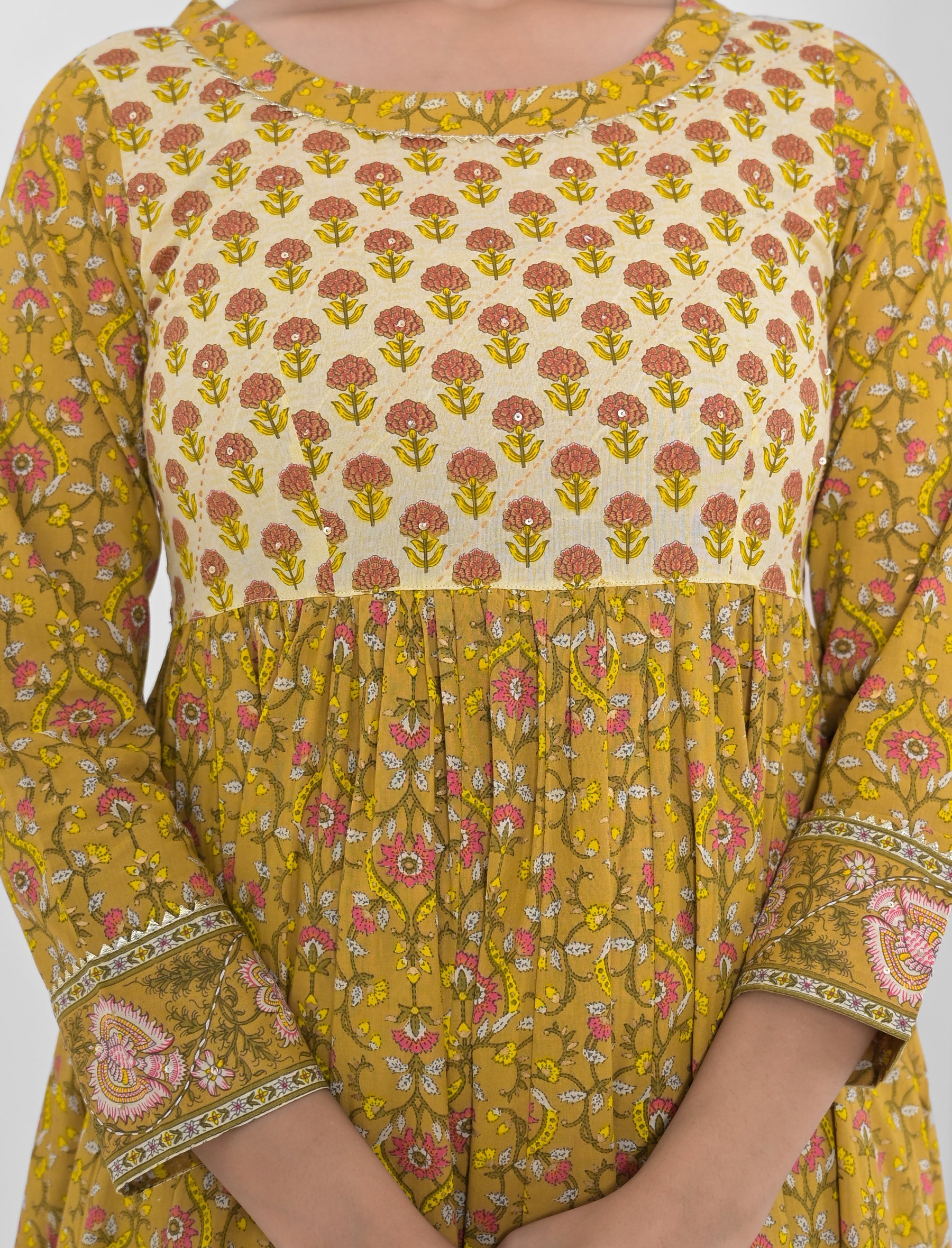Mustard Block Printed Long Cotton Anarkali Dress