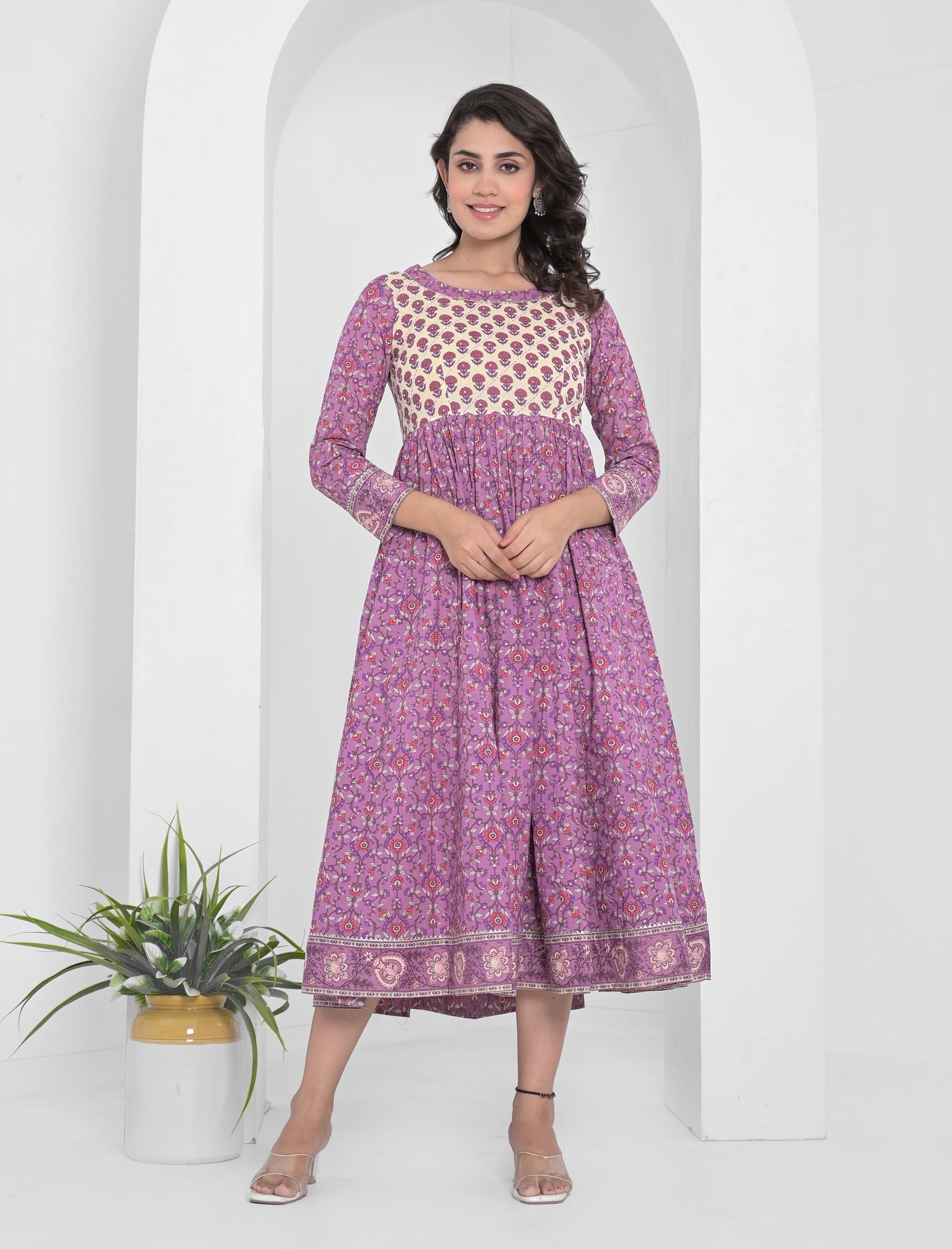 Purple Block Printed Long Cotton Anarkali Dress
